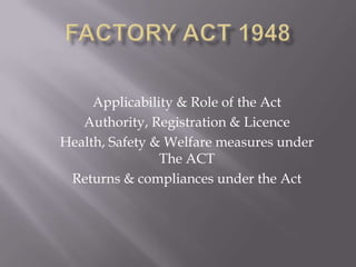 Applicability & Role of the Act
   Authority, Registration & Licence
Health, Safety & Welfare measures under
                The ACT
 Returns & compliances under the Act
 
