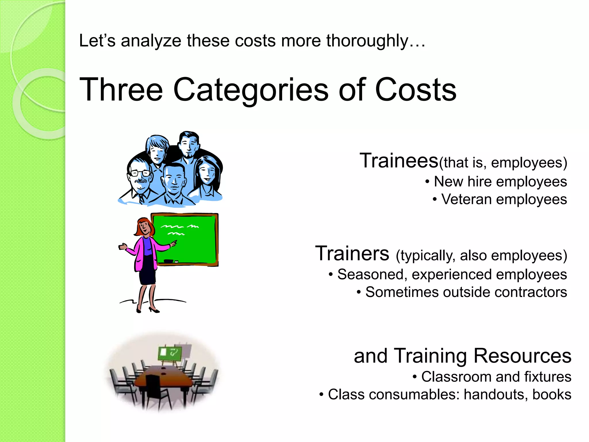 Let’s analyze these costs more thoroughly…
Trainees(that is, employees)
• New hire employees
• Veteran employees
Trainers (typically, also employees)
• Seasoned, experienced employees
• Sometimes outside contractors
and Training Resources
• Classroom and fixtures
• Class consumables: handouts, books
Three Categories of Costs
 