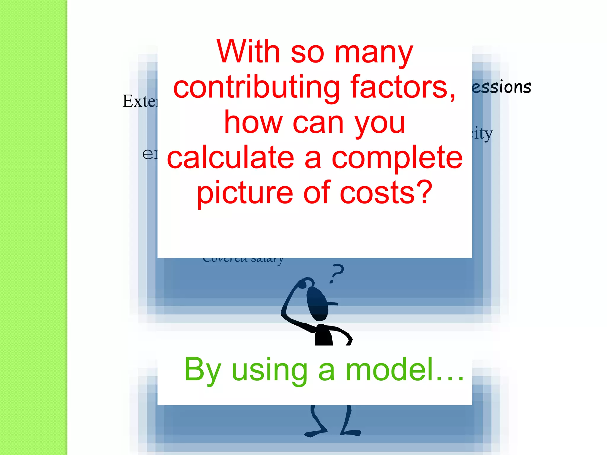 employees Number of sessions
mileage
meals
Covered salary
Overtime
Shift coverage hours
Training hours New hires
Turnover rate
compensation
Classroom capacity
Attendance rate
Repeat classroom sessions
Unit cost
Extended cost
With so many
contributing factors,
how can you
calculate a complete
picture of costs?
By using a model…
 