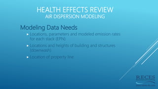 Modeling Data Needs
 Locations, parameters and modeled emission rates
for each stack (EPN)
 Locations and heights of bui...