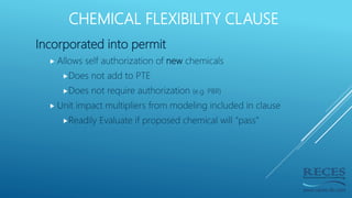 CHEMICAL FLEXIBILITY CLAUSE
Incorporated into permit
 Allows self authorization of new chemicals
Does not add to PTE
Do...