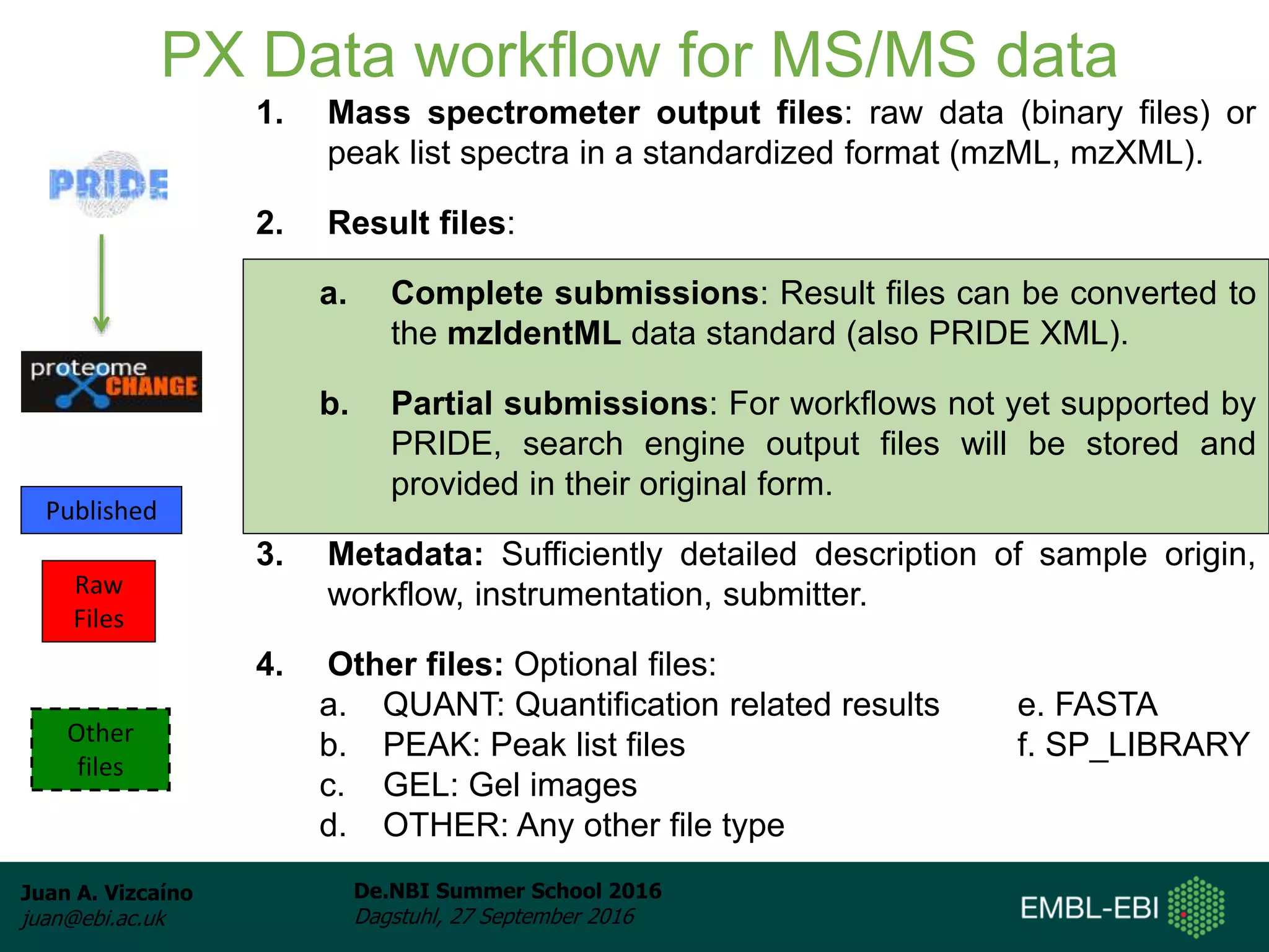 Juan A. Vizcaíno
juan@ebi.ac.uk
De.NBI Summer School 2016
Dagstuhl, 27 September 2016
PX Data workflow for MS/MS data
1. Mass spectrometer output files: raw data (binary files) or
peak list spectra in a standardized format (mzML, mzXML).
2. Result files:
a. Complete submissions: Result files can be converted to
the mzIdentML data standard (also PRIDE XML).
b. Partial submissions: For workflows not yet supported by
PRIDE, search engine output files will be stored and
provided in their original form.
3. Metadata: Sufficiently detailed description of sample origin,
workflow, instrumentation, submitter.
4. Other files: Optional files:
a. QUANT: Quantification related results e. FASTA
b. PEAK: Peak list files f. SP_LIBRARY
c. GEL: Gel images
d. OTHER: Any other file type
Published
Raw
Files
Other
files
 