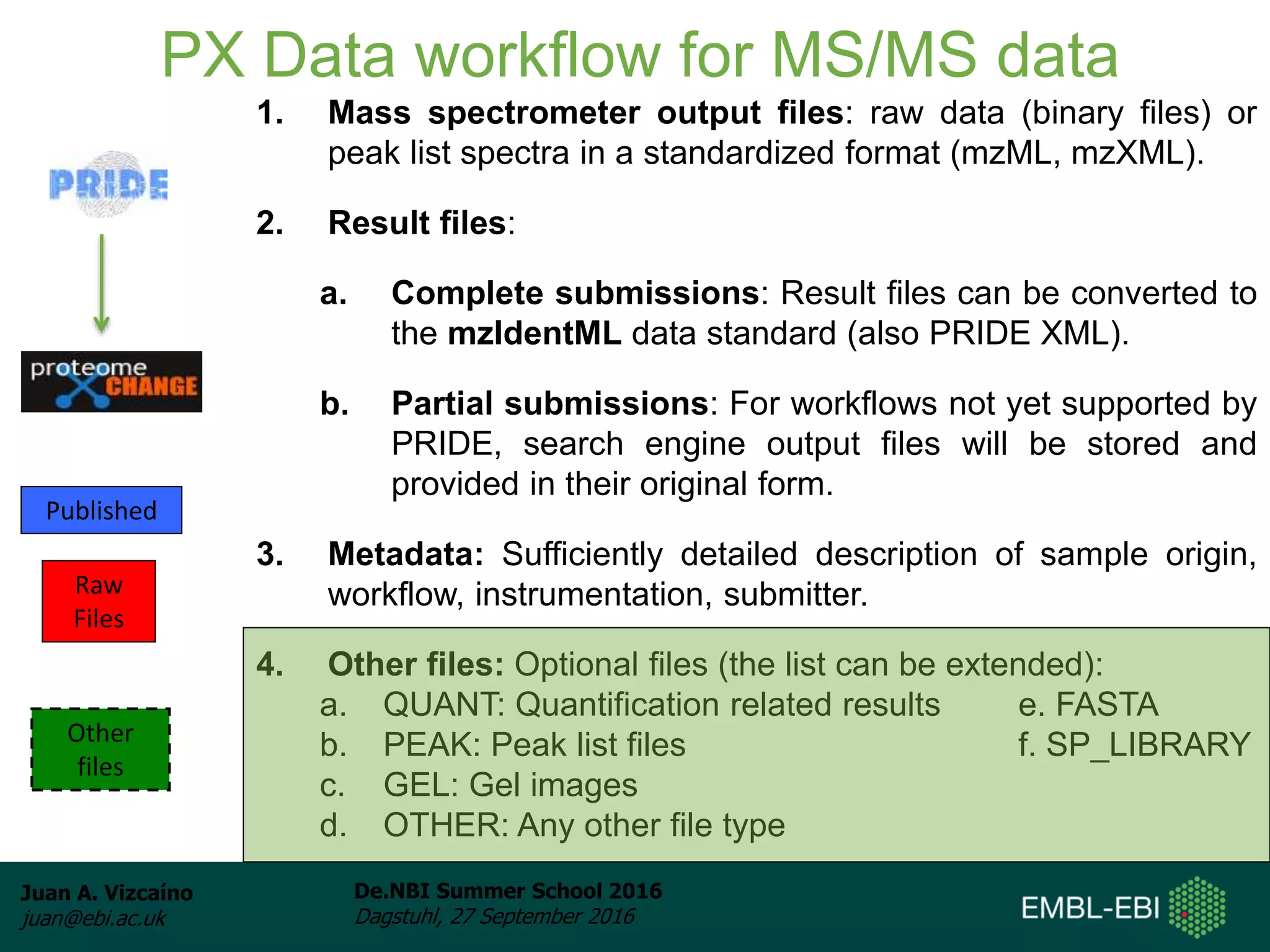 Juan A. Vizcaíno
juan@ebi.ac.uk
De.NBI Summer School 2016
Dagstuhl, 27 September 2016
PX Data workflow for MS/MS data
1. Mass spectrometer output files: raw data (binary files) or
peak list spectra in a standardized format (mzML, mzXML).
2. Result files:
a. Complete submissions: Result files can be converted to
the mzIdentML data standard (also PRIDE XML).
b. Partial submissions: For workflows not yet supported by
PRIDE, search engine output files will be stored and
provided in their original form.
3. Metadata: Sufficiently detailed description of sample origin,
workflow, instrumentation, submitter.
4. Other files: Optional files (the list can be extended):
a. QUANT: Quantification related results e. FASTA
b. PEAK: Peak list files f. SP_LIBRARY
c. GEL: Gel images
d. OTHER: Any other file type
Published
Raw
Files
Other
files
 