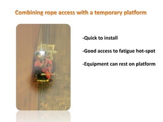 -Quick to install
-Good access to fatigue hot-spot
-Equipment can rest on platform
 
