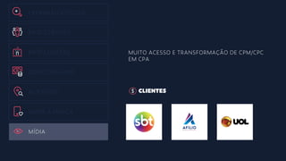 EXPANSÃO ESTOQUE
BASE CLIENTES
BASE LOJISTAS
DONO DINHEIRO
HUB FÍSICO
AMOR A MARCA
MÍDIA
MUITO ACESSO E TRANSFORMAÇÃO DE CPM/CPC
EM CPA
CLIENTES
 