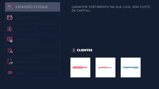EXPANSÃO ESTOQUE
BASE CLIENTES
BASE LOJISTAS
DONO DINHEIRO
HUB FÍSICO
AMOR A MARCA
MÍDIA
GARANTIR SORTIMENTO NA SUA LOJA, SEM CUSTO
DE CAPITAL;
CLIENTES
 