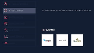 EXPANSÃO ESTOQUE
BASE CLIENTES
BASE LOJISTAS
DONO DINHEIRO
HUB FÍSICO
AMOR A MARCA
MÍDIA
RENTABILIZAR SUA BASE, GARANTINDO EXPERIÊNCIA
CLIENTES
 