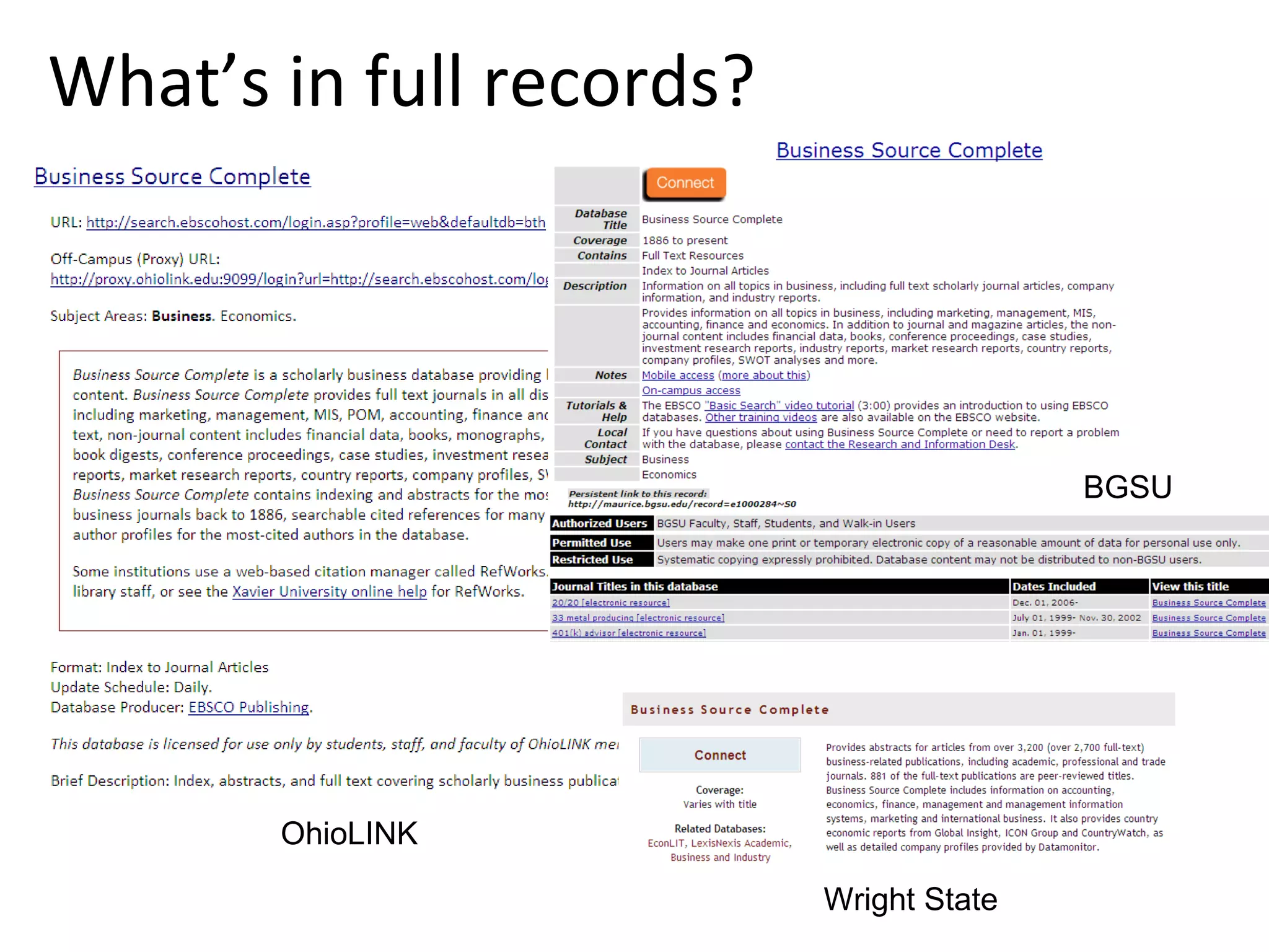 What’s in full records? Wright State OhioLINK BGSU 