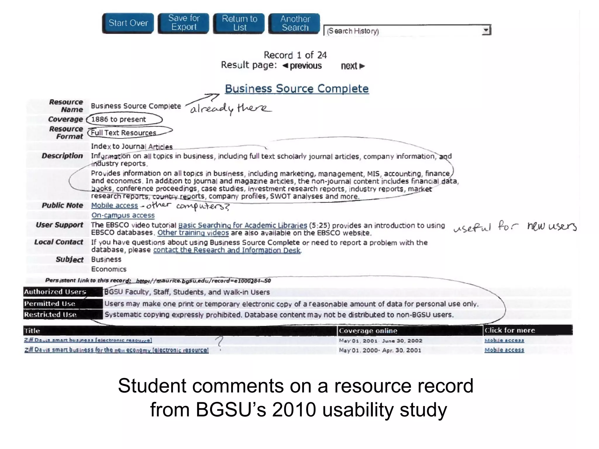 Student comments on a resource record  from BGSU’s 2010 usability study 