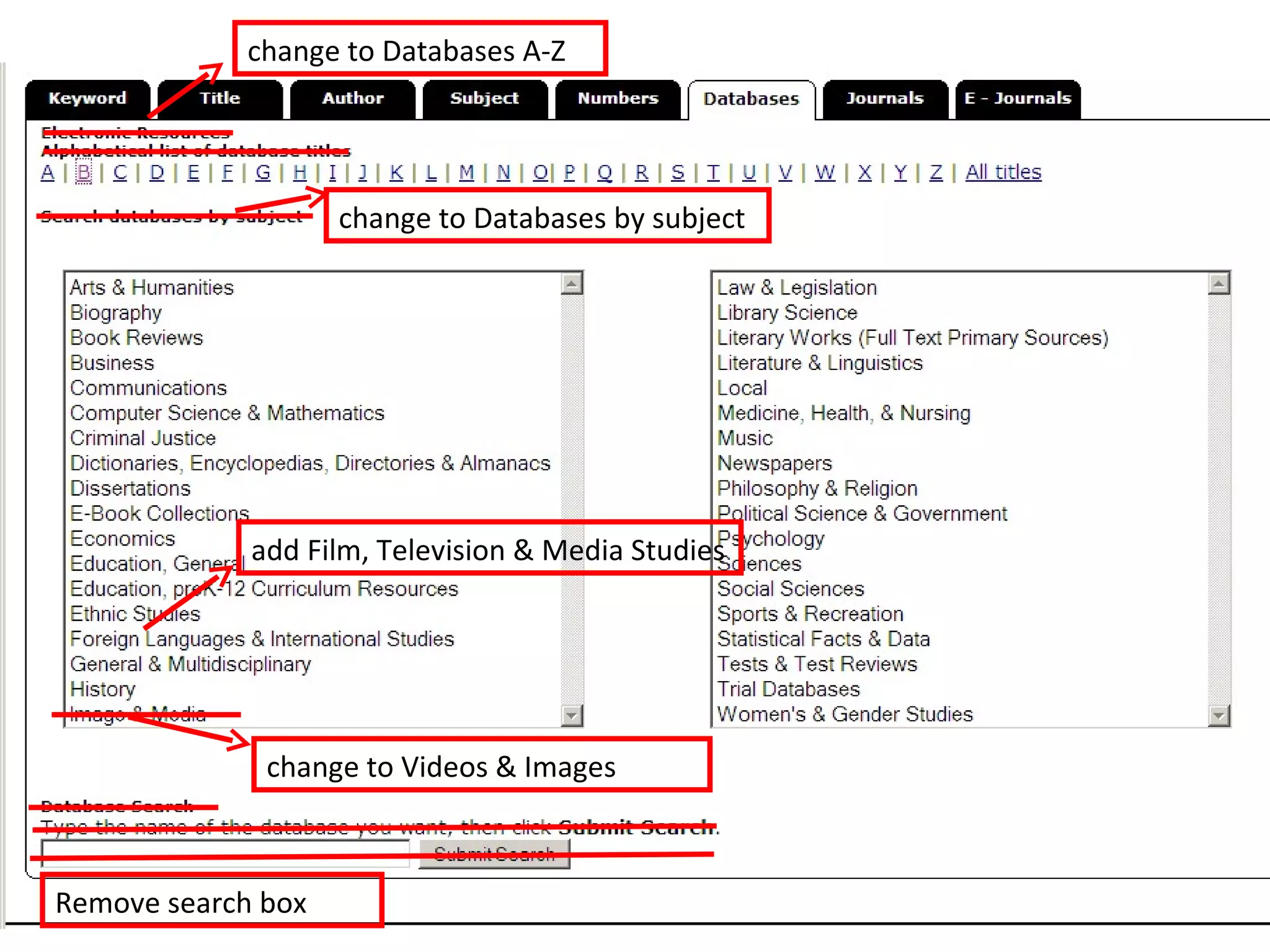 change to Databases A-Z  change to Databases by subject  Remove search box change to Videos & Images add Film, Television & Media Studies 