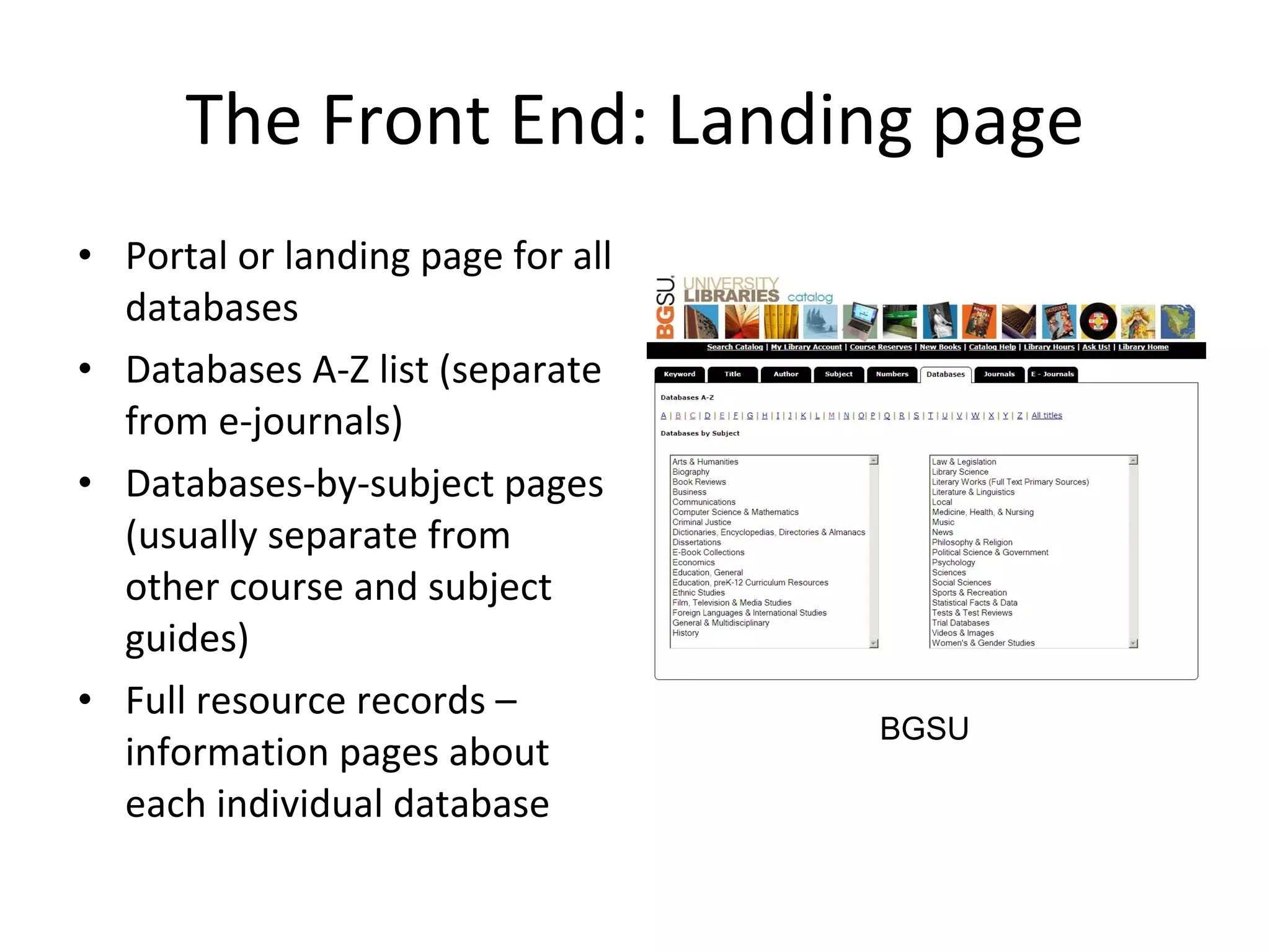 The Front End: Landing page Portal or landing page for all databases Databases A-Z list (separate from e-journals) Databases-by-subject pages (usually separate from other course and subject guides) Full resource records – information pages about each individual database BGSU 
