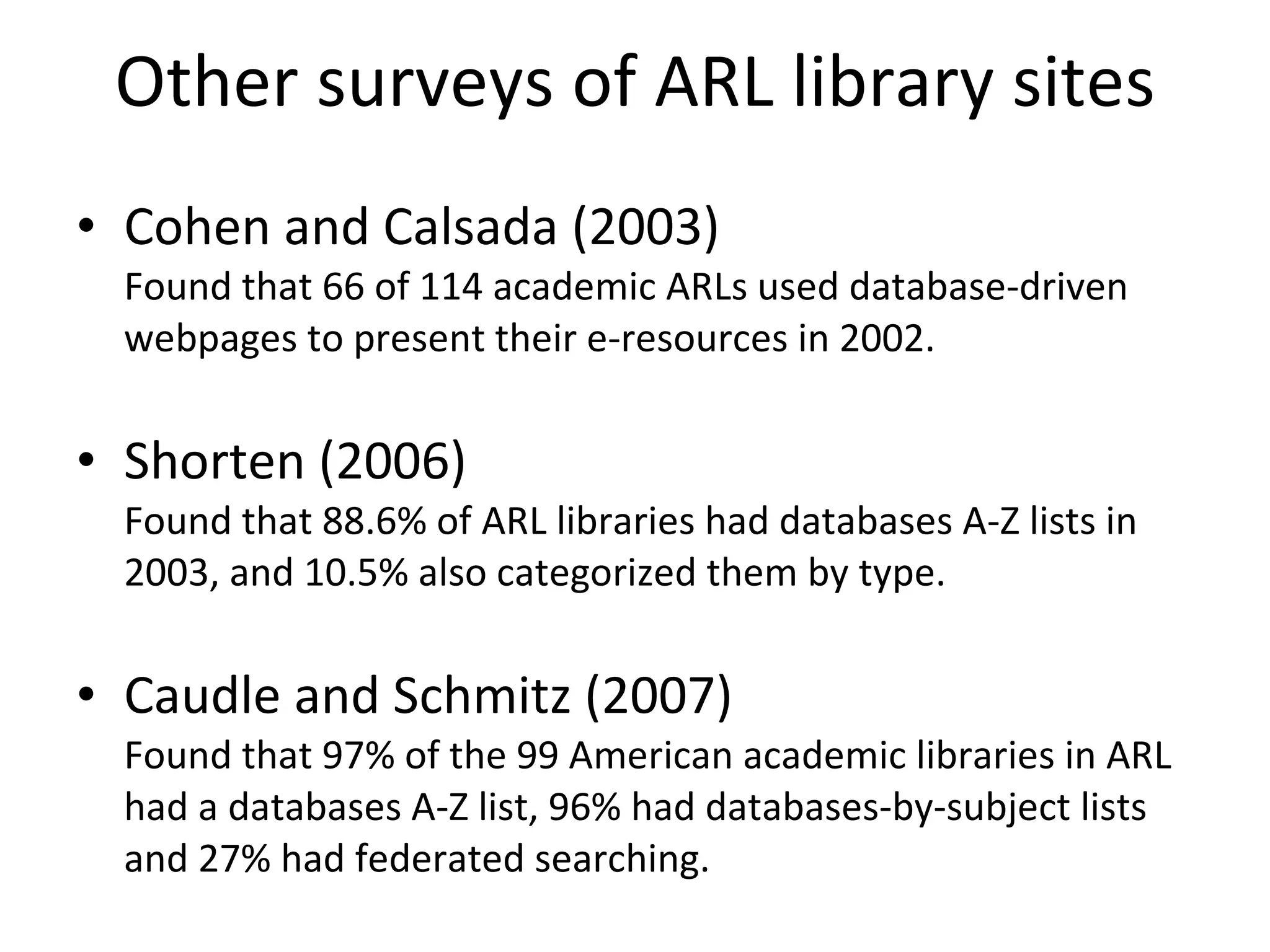 Other surveys of ARL library sites Cohen and Calsada (2003) Found that 66 of 114 academic ARLs used database-driven webpages to present their e-resources in 2002. Shorten (2006) Found that 88.6% of ARL libraries had databases A-Z lists in 2003, and 10.5% also categorized them by type. Caudle and Schmitz (2007) Found that 97% of the 99 American academic libraries in ARL had a databases A-Z list, 96% had databases-by-subject lists and 27% had federated searching. 