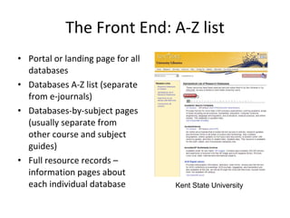 The Front End: A-Z list Portal or landing page for all databases Databases A-Z list (separate from e-journals) Databases-by-subject pages (usually separate from other course and subject guides) Full resource records – information pages about each individual database Kent State University 