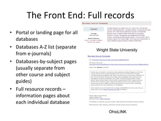 The Front End: Full records Portal or landing page for all databases Databases A-Z list (separate from e-journals) Databases-by-subject pages (usually separate from other course and subject guides) Full resource records – information pages about each individual database OhioLINK Wright State University 