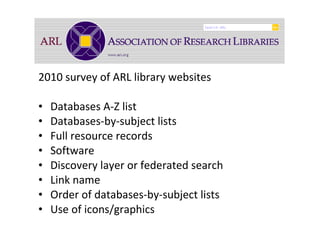 2010 survey of ARL library websites Databases A-Z list Databases-by-subject lists Full resource records Software Discovery layer or federated search Link name Order of databases-by-subject lists Use of icons/graphics 
