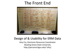 The Front End Design of & Usability for ERM Data Amy Fry, Electronic Resources Coordinator Bowling Green State University http://personal.bgsu.edu/~afry/ 