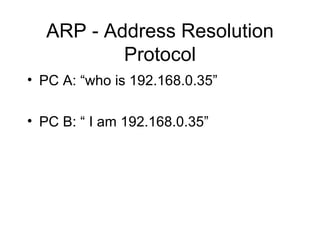 ARP - Address Resolution Protocol PC A: “who is 192.168.0.35” PC B: “ I am 192.168.0.35” 