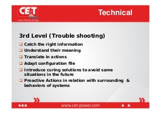 3rd Level (Trouble shooting)
 Catch the right information
 Understand their meaning
 Translate in actions
 Adapt confi...