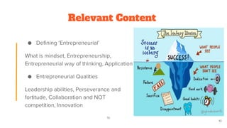 Relevant Content
10
10
● Defining ‘Entrepreneurial’
What is mindset, Entrepreneurship,
Entrepreneurial way of thinking, Ap...