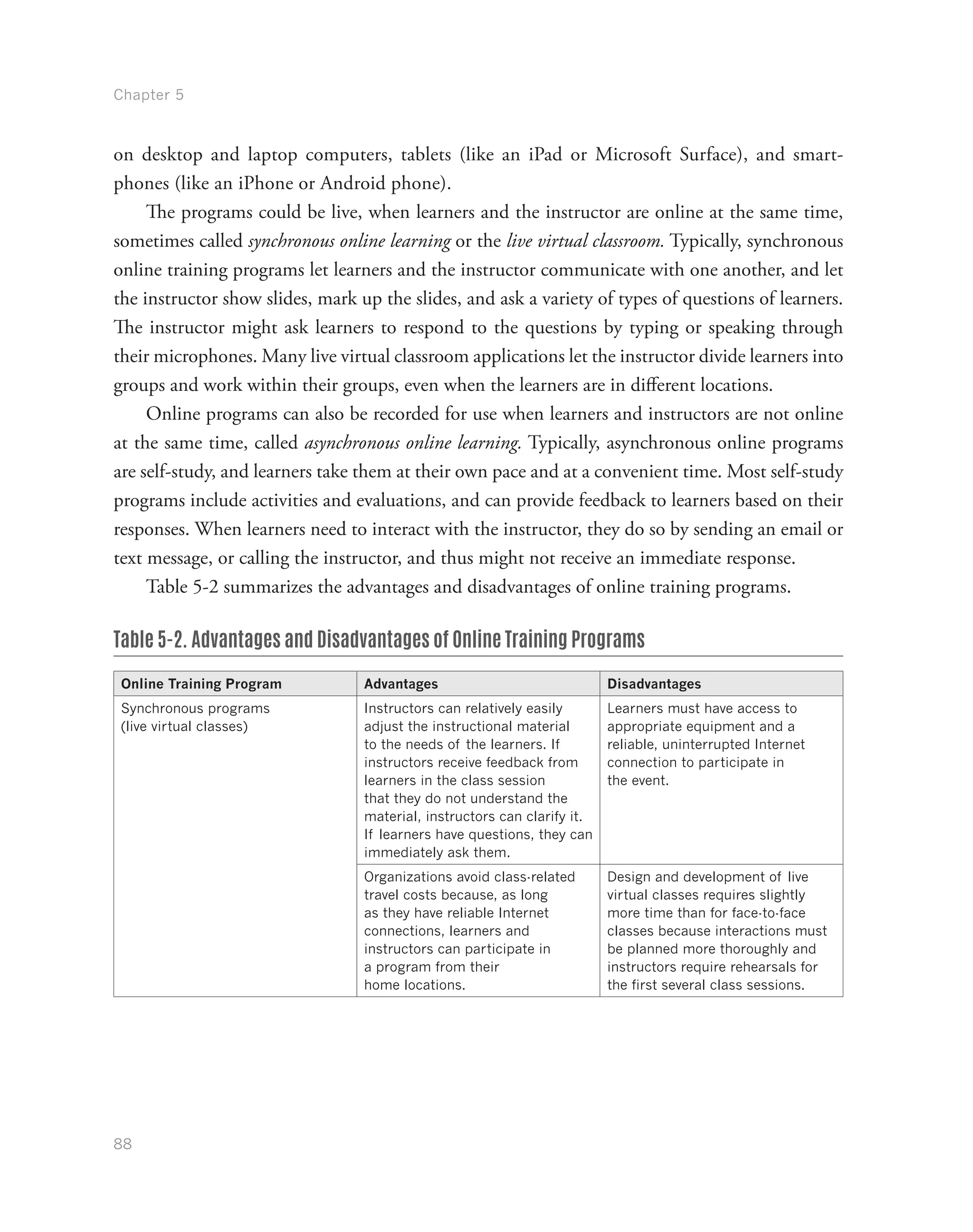 Chapter 5
88
on desktop and laptop computers, tablets (like an iPad or Microsoft Surface), and smart-
phones (like an iPhone or Android phone).
The programs could be live, when learners and the instructor are online at the same time,
sometimes called synchronous online learning or the live virtual classroom. Typically, synchronous
online training programs let learners and the instructor communicate with one another, and let
the instructor show slides, mark up the slides, and ask a variety of types of questions of learners.
The instructor might ask learners to respond to the questions by typing or speaking through
their microphones. Many live virtual classroom applications let the instructor divide learners into
groups and work within their groups, even when the learners are in different locations.
Online programs can also be recorded for use when learners and instructors are not online
at the same time, called asynchronous online learning. Typically, asynchronous online programs
are self-study, and learners take them at their own pace and at a convenient time. Most self-study
programs include activities and evaluations, and can provide feedback to learners based on their
responses. When learners need to interact with the instructor, they do so by sending an email or
text message, or calling the instructor, and thus might not receive an immediate response.
Table 5-2 summarizes the advantages and disadvantages of online training programs.
Table 5-2. Advantages and Disadvantages of Online Training Programs
Online Training Program Advantages Disadvantages
Synchronous programs
(live virtual classes)
Instructors can relatively easily
adjust the instructional material
to the needs of the learners. If
instructors receive feedback from
learners in the class session
that they do not understand the
material, instructors can clarify it.
If learners have questions, they can
immediately ask them.
Learners must have access to
appropriate equipment and a
reliable, uninterrupted Internet
connection to participate in
the event.
Organizations avoid class-related
travel costs because, as long
as they have reliable Internet
connections, learners and
instructors can participate in
a program from their
home locations.
Design and development of live
virtual classes requires slightly
more time than for face-to-face
classes because interactions must
be planned more thoroughly and
instructors require rehearsals for
the first several class sessions.
 