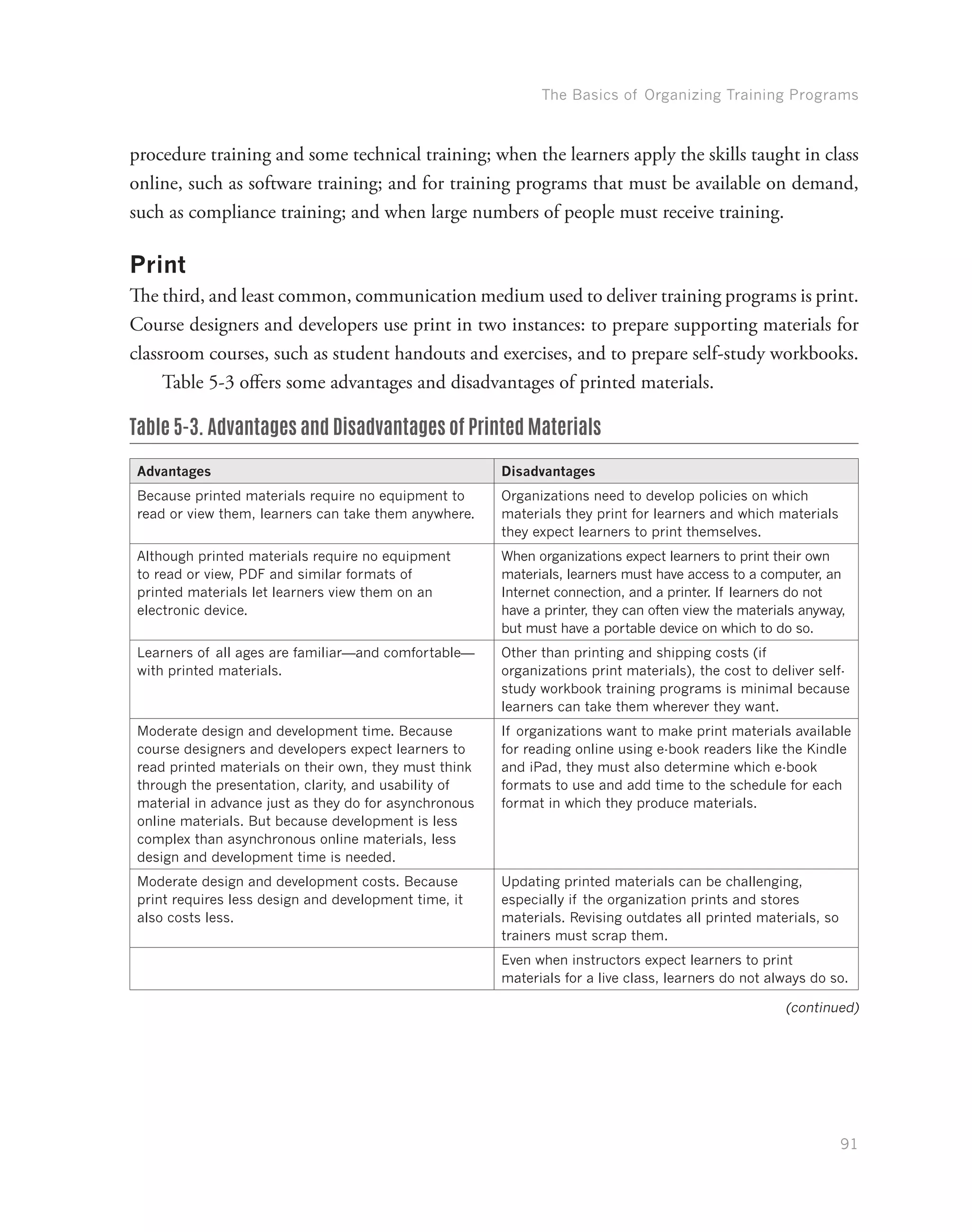 The Basics of Organizing Training Programs
91
procedure training and some technical training; when the learners apply the skills taught in class
online, such as software training; and for training programs that must be available on demand,
such as compliance training; and when large numbers of people must receive training.
Print
The third, and least common, communication medium used to deliver training programs is print.
Course designers and developers use print in two instances: to prepare supporting materials for
classroom courses, such as student handouts and exercises, and to prepare self-study workbooks.
Table 5-3 offers some advantages and disadvantages of printed materials.
Table 5-3. Advantages and Disadvantages of Printed Materials
Advantages Disadvantages
Because printed materials require no equipment to
read or view them, learners can take them anywhere.
Organizations need to develop policies on which
materials they print for learners and which materials
they expect learners to print themselves.
Although printed materials require no equipment
to read or view, PDF and similar formats of
printed materials let learners view them on an
electronic device.
When organizations expect learners to print their own
materials, learners must have access to a computer, an
Internet connection, and a printer. If learners do not
have a printer, they can often view the materials anyway,
but must have a portable device on which to do so.
Learners of all ages are familiar—and comfortable—
with printed materials.
Other than printing and shipping costs (if
organizations print materials), the cost to deliver self-
study workbook training programs is minimal because
learners can take them wherever they want.
Moderate design and development time. Because
course designers and developers expect learners to
read printed materials on their own, they must think
through the presentation, clarity, and usability of
material in advance just as they do for asynchronous
online materials. But because development is less
complex than asynchronous online materials, less
design and development time is needed.
If organizations want to make print materials available
for reading online using e-book readers like the Kindle
and iPad, they must also determine which e-book
formats to use and add time to the schedule for each
format in which they produce materials.
Moderate design and development costs. Because
print requires less design and development time, it
also costs less.
Updating printed materials can be challenging,
especially if the organization prints and stores
materials. Revising outdates all printed materials, so
trainers must scrap them.
Even when instructors expect learners to print
materials for a live class, learners do not always do so.
(continued)
 