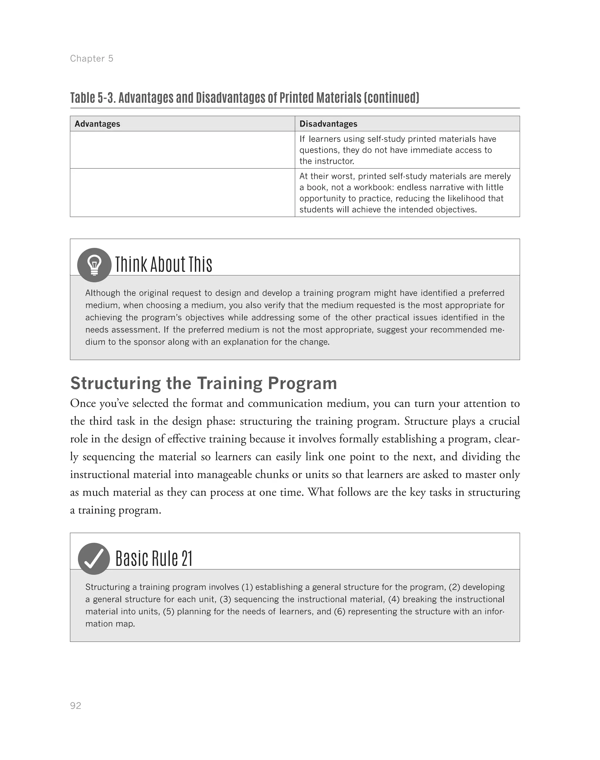 Chapter 5
92
Advantages Disadvantages
If learners using self-study printed materials have
questions, they do not have immediate access to
the instructor.
At their worst, printed self-study materials are merely
a book, not a workbook: endless narrative with little
opportunity to practice, reducing the likelihood that
students will achieve the intended objectives.
Although the original request to design and develop a training program might have identified a preferred
medium, when choosing a medium, you also verify that the medium requested is the most appropriate for
achieving the program’s objectives while addressing some of the other practical issues identified in the
needs assessment. If the preferred medium is not the most appropriate, suggest your recommended me-
dium to the sponsor along with an explanation for the change.
Think About This
Structuring the Training Program
Once you’ve selected the format and communication medium, you can turn your attention to
the third task in the design phase: structuring the training program. Structure plays a crucial
role in the design of effective training because it involves formally establishing a program, clear-
ly sequencing the material so learners can easily link one point to the next, and dividing the
instructional material into manageable chunks or units so that learners are asked to master only
as much material as they can process at one time. What follows are the key tasks in structuring
a training program.
Structuring a training program involves (1) establishing a general structure for the program, (2) developing
a general structure for each unit, (3) sequencing the instructional material, (4) breaking the instructional
material into units, (5) planning for the needs of learners, and (6) representing the structure with an infor-
mation map.
Basic Rule 21
Table 5-3. Advantages and Disadvantages of Printed Materials (continued)
 