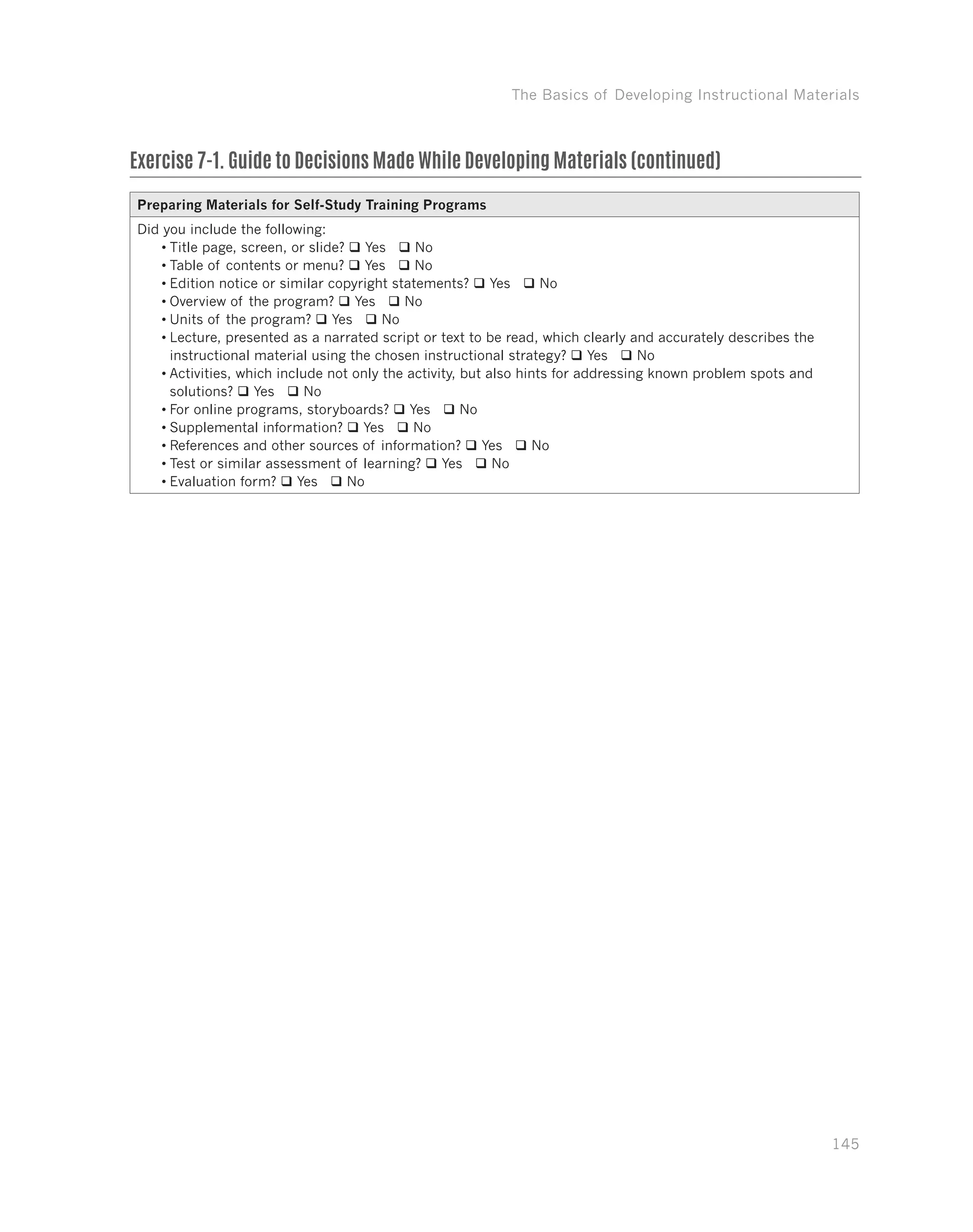 The Basics of Developing Instructional Materials
145
Exercise 7-1. Guide to Decisions Made While Developing Materials (continued)
Preparing Materials for Self-Study Training Programs
Did you include the following:
•	Title page, screen, or slide? q Yes q No
•	Table of contents or menu? q Yes q No
•	Edition notice or similar copyright statements? q Yes q No
•	Overview of the program? q Yes q No
•	Units of the program? q Yes q No
•	Lecture, presented as a narrated script or text to be read, which clearly and accurately describes the
instructional material using the chosen instructional strategy? q Yes q No
•	Activities, which include not only the activity, but also hints for addressing known problem spots and
solutions? q Yes q No
•	For online programs, storyboards? q Yes q No
•	Supplemental information? q Yes q No
•	References and other sources of information? q Yes q No
•	Test or similar assessment of learning? q Yes q No
•	Evaluation form? q Yes q No
 