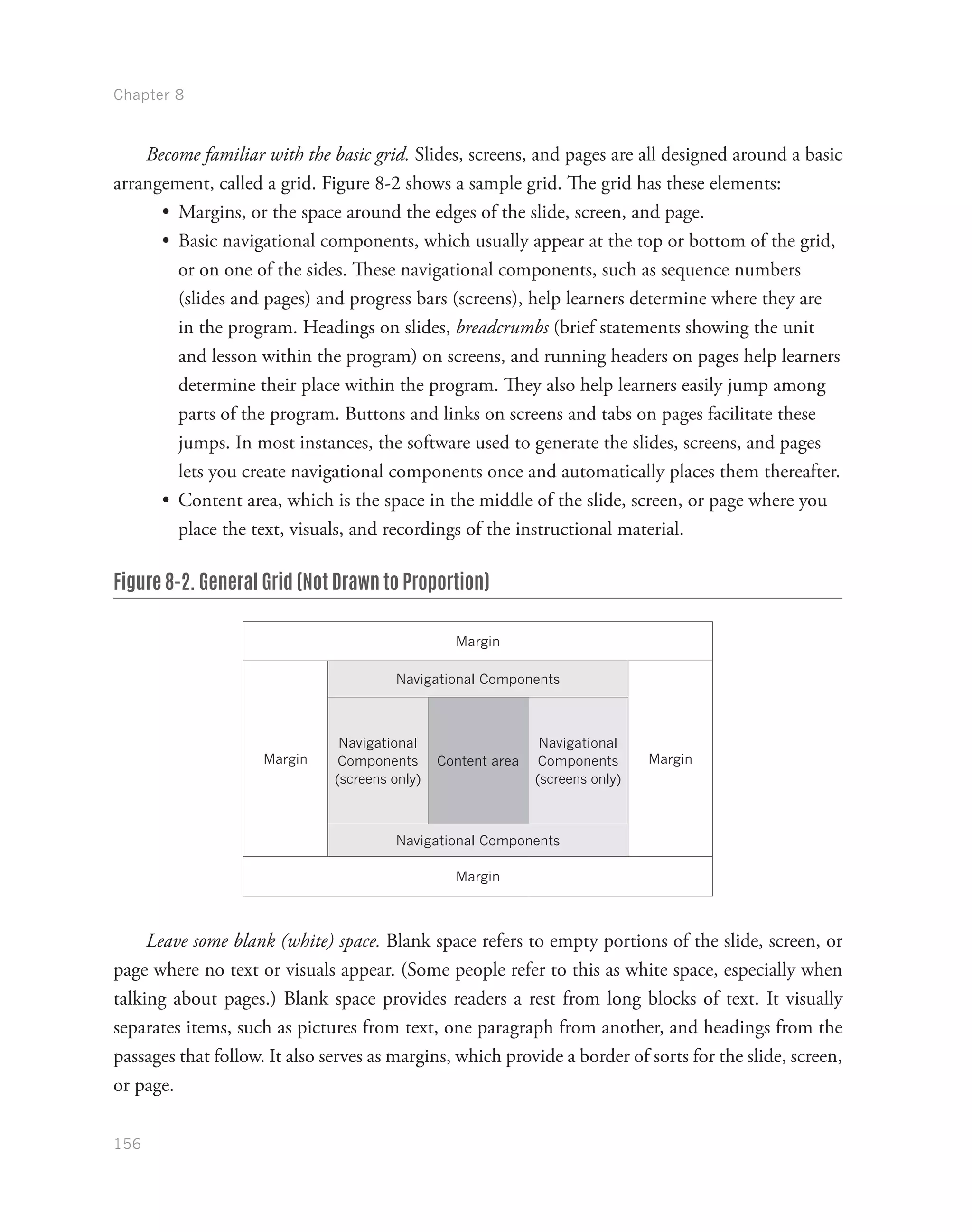 Chapter 8
156
Become familiar with the basic grid. Slides, screens, and pages are all designed around a basic
arrangement, called a grid. Figure 8-2 shows a sample grid. The grid has these elements:
•	 Margins, or the space around the edges of the slide, screen, and page.
•	 Basic navigational components, which usually appear at the top or bottom of the grid,
or on one of the sides. These navigational components, such as sequence numbers
(slides and pages) and progress bars (screens), help learners determine where they are
in the program. Headings on slides, breadcrumbs (brief statements showing the unit
and lesson within the program) on screens, and running headers on pages help learners
determine their place within the program. They also help learners easily jump among
parts of the program. Buttons and links on screens and tabs on pages facilitate these
jumps. In most instances, the software used to generate the slides, screens, and pages
lets you create navigational components once and automatically places them thereafter.
•	 Content area, which is the space in the middle of the slide, screen, or page where you
place the text, visuals, and recordings of the instructional material.
Figure 8-2. General Grid (Not Drawn to Proportion)
Margin
Margin
Navigational Components
Margin
Navigational
Components
(screens only)
Content area
Navigational
Components
(screens only)
Navigational Components
Margin
Leave some blank (white) space. Blank space refers to empty portions of the slide, screen, or
page where no text or visuals appear. (Some people refer to this as white space, especially when
talking about pages.) Blank space provides readers a rest from long blocks of text. It visually
separates items, such as pictures from text, one paragraph from another, and headings from the
passages that follow. It also serves as margins, which provide a border of sorts for the slide, screen,
or page.
 