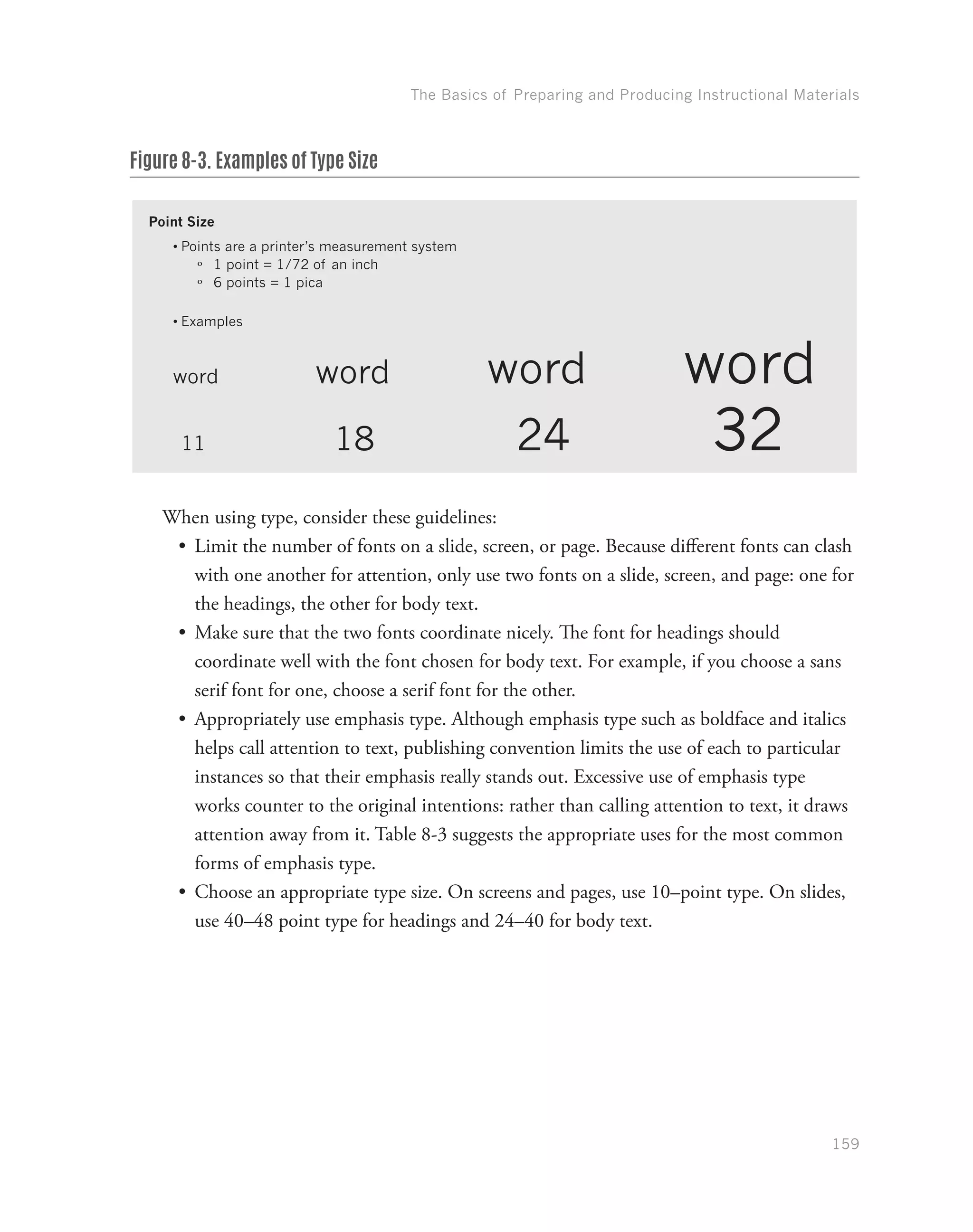 The Basics of Preparing and Producing Instructional Materials
159
Figure 8-3. Examples of Type Size
Point Size
•	Points are a printer’s measurement system
ºº 1 point = 1/72 of an inch
ºº 6 points = 1 pica
•	Examples
word word word word
11 18 24 32
When using type, consider these guidelines:
•	 Limit the number of fonts on a slide, screen, or page. Because different fonts can clash
with one another for attention, only use two fonts on a slide, screen, and page: one for
the headings, the other for body text.
•	 Make sure that the two fonts coordinate nicely. The font for headings should
coordinate well with the font chosen for body text. For example, if you choose a sans
serif font for one, choose a serif font for the other.
•	 Appropriately use emphasis type. Although emphasis type such as boldface and italics
helps call attention to text, publishing convention limits the use of each to particular
instances so that their emphasis really stands out. Excessive use of emphasis type
works counter to the original intentions: rather than calling attention to text, it draws
attention away from it. Table 8-3 suggests the appropriate uses for the most common
forms of emphasis type.
•	 Choose an appropriate type size. On screens and pages, use 10–point type. On slides,
use 40–48 point type for headings and 24–40 for body text.
 