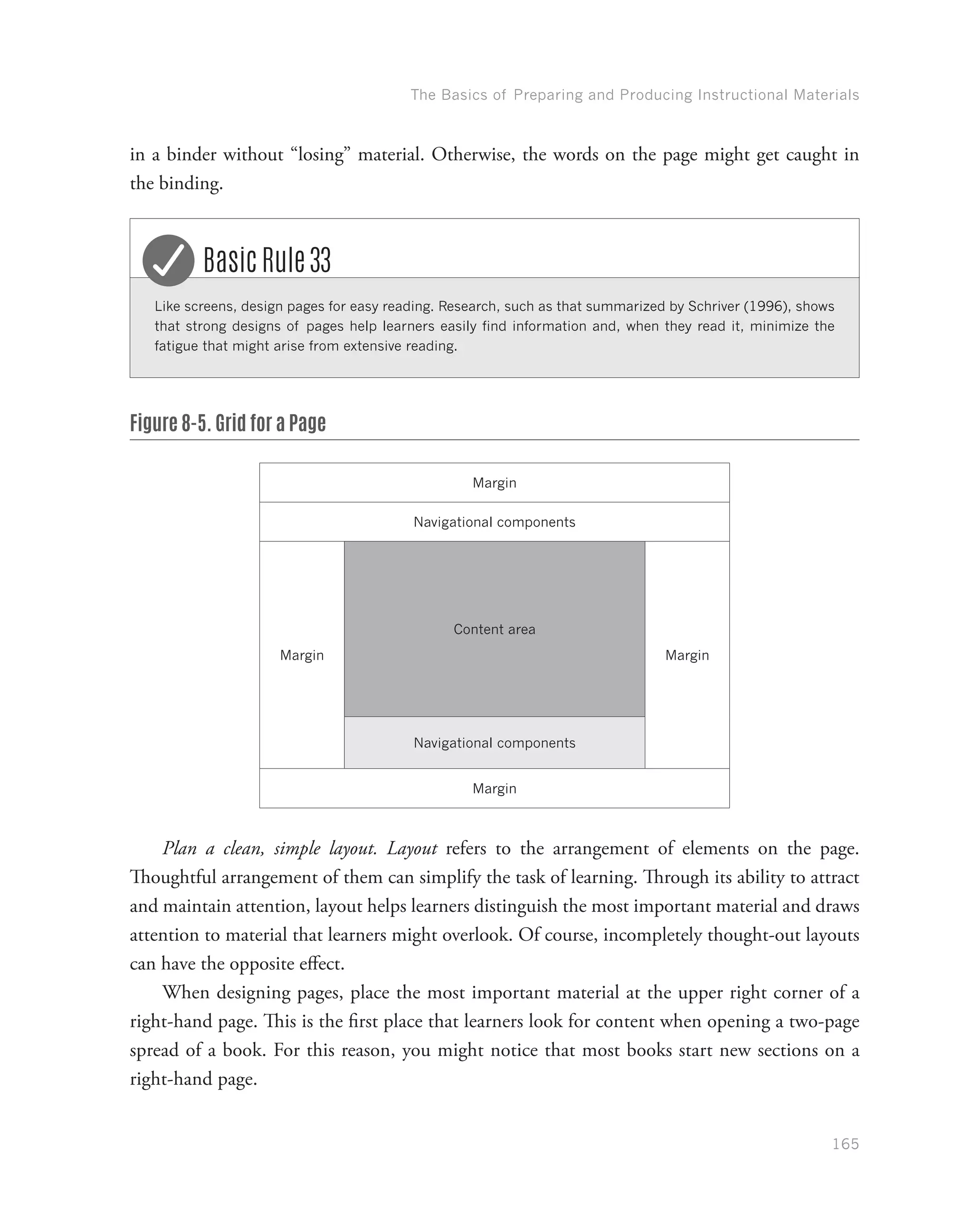 The Basics of Preparing and Producing Instructional Materials
165
in a binder without “losing” material. Otherwise, the words on the page might get caught in
the binding.
Like screens, design pages for easy reading. Research, such as that summarized by Schriver (1996), shows
that strong designs of pages help learners easily find information and, when they read it, minimize the
fatigue that might arise from extensive reading.
Basic Rule 33
Figure 8-5. Grid for a Page
Margin
Navigational components
Margin
Content area
Margin
Navigational components
Margin
Plan a clean, simple layout. Layout refers to the arrangement of elements on the page.
Thoughtful arrangement of them can simplify the task of learning. Through its ability to attract
and maintain attention, layout helps learners distinguish the most important material and draws
attention to material that learners might overlook. Of course, incompletely thought-out layouts
can have the opposite effect.
When designing pages, place the most important material at the upper right corner of a
right-hand page. This is the first place that learners look for content when opening a two-page
spread of a book. For this reason, you might notice that most books start new sections on a
right-hand page.
 