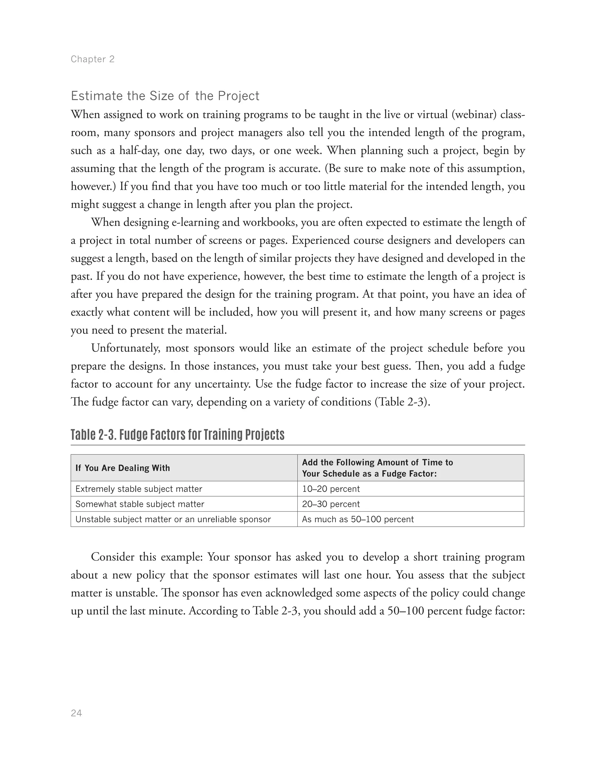 Chapter 2
24
Estimate the Size of the Project
When assigned to work on training programs to be taught in the live or virtual (webinar) class-
room, many sponsors and project managers also tell you the intended length of the program,
such as a half-day, one day, two days, or one week. When planning such a project, begin by
assuming that the length of the program is accurate. (Be sure to make note of this assumption,
however.) If you find that you have too much or too little material for the intended length, you
might suggest a change in length after you plan the project.
When designing e-learning and workbooks, you are often expected to estimate the length of
a project in total number of screens or pages. Experienced course designers and developers can
suggest a length, based on the length of similar projects they have designed and developed in the
past. If you do not have experience, however, the best time to estimate the length of a project is
after you have prepared the design for the training program. At that point, you have an idea of
exactly what content will be included, how you will present it, and how many screens or pages
you need to present the material.
Unfortunately, most sponsors would like an estimate of the project schedule before you
prepare the designs. In those instances, you must take your best guess. Then, you add a fudge
factor to account for any uncertainty. Use the fudge factor to increase the size of your project.
The fudge factor can vary, depending on a variety of conditions (Table 2-3).
Table 2-3. Fudge Factors for Training Projects
If You Are Dealing With
Add the Following Amount of Time to
Your Schedule as a Fudge Factor:
Extremely stable subject matter 10–20 percent
Somewhat stable subject matter 20–30 percent
Unstable subject matter or an unreliable sponsor As much as 50–100 percent
Consider this example: Your sponsor has asked you to develop a short training program
about a new policy that the sponsor estimates will last one hour. You assess that the subject
matter is unstable. The sponsor has even acknowledged some aspects of the policy could change
up until the last minute. According to Table 2-3, you should add a 50–100 percent fudge factor:
 