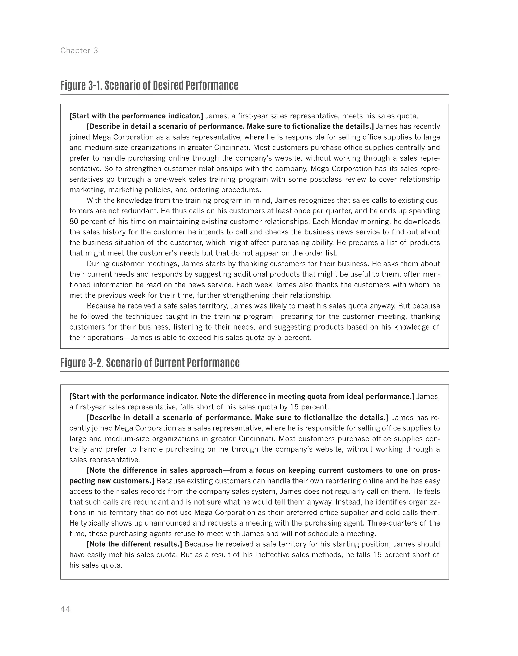 Chapter 3
44
Figure 3-1. Scenario of Desired Performance
[Start with the performance indicator.] James, a first-year sales representative, meets his sales quota.
[Describe in detail a scenario of performance. Make sure to fictionalize the details.] James has recently
joined Mega Corporation as a sales representative, where he is responsible for selling office supplies to large
and medium-size organizations in greater Cincinnati. Most customers purchase office supplies centrally and
prefer to handle purchasing online through the company’s website, without working through a sales repre-
sentative. So to strengthen customer relationships with the company, Mega Corporation has its sales repre-
sentatives go through a one-week sales training program with some postclass review to cover relationship
marketing, marketing policies, and ordering procedures.
With the knowledge from the training program in mind, James recognizes that sales calls to existing cus-
tomers are not redundant. He thus calls on his customers at least once per quarter, and he ends up spending
80 percent of his time on maintaining existing customer relationships. Each Monday morning, he downloads
the sales history for the customer he intends to call and checks the business news service to find out about
the business situation of the customer, which might affect purchasing ability. He prepares a list of products
that might meet the customer’s needs but that do not appear on the order list.
During customer meetings, James starts by thanking customers for their business. He asks them about
their current needs and responds by suggesting additional products that might be useful to them, often men-
tioned information he read on the news service. Each week James also thanks the customers with whom he
met the previous week for their time, further strengthening their relationship.
Because he received a safe sales territory, James was likely to meet his sales quota anyway. But because
he followed the techniques taught in the training program—preparing for the customer meeting, thanking
customers for their business, listening to their needs, and suggesting products based on his knowledge of
their operations—James is able to exceed his sales quota by 5 percent.
Figure 3-2. Scenario of Current Performance
[Start with the performance indicator. Note the difference in meeting quota from ideal performance.] James,
a first-year sales representative, falls short of his sales quota by 15 percent.
[Describe in detail a scenario of performance. Make sure to fictionalize the details.] James has re-
cently joined Mega Corporation as a sales representative, where he is responsible for selling office supplies to
large and medium-size organizations in greater Cincinnati. Most customers purchase office supplies cen-
trally and prefer to handle purchasing online through the company’s website, without working through a
sales representative.
[Note the difference in sales approach—from a focus on keeping current customers to one on pros-
pecting new customers.] Because existing customers can handle their own reordering online and he has easy
access to their sales records from the company sales system, James does not regularly call on them. He feels
that such calls are redundant and is not sure what he would tell them anyway. Instead, he identifies organiza-
tions in his territory that do not use Mega Corporation as their preferred office supplier and cold-calls them.
He typically shows up unannounced and requests a meeting with the purchasing agent. Three-quarters of the
time, these purchasing agents refuse to meet with James and will not schedule a meeting.
[Note the different results.] Because he received a safe territory for his starting position, James should
have easily met his sales quota. But as a result of his ineffective sales methods, he falls 15 percent short of
his sales quota.
 