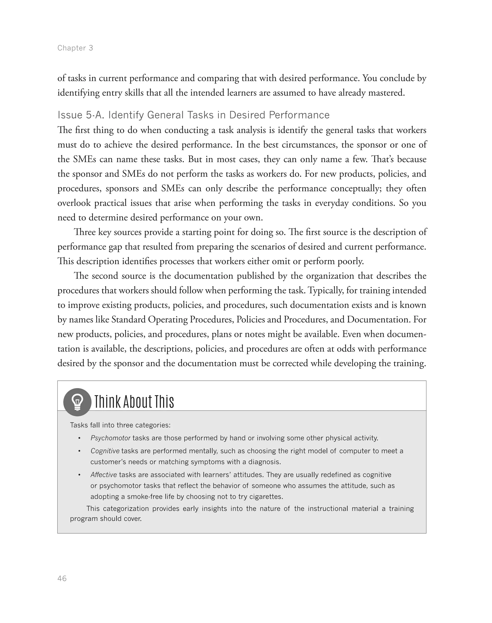 Chapter 3
46
of tasks in current performance and comparing that with desired performance. You conclude by
identifying entry skills that all the intended learners are assumed to have already mastered.
Issue 5-A. Identify General Tasks in Desired Performance
The first thing to do when conducting a task analysis is identify the general tasks that workers
must do to achieve the desired performance. In the best circumstances, the sponsor or one of
the SMEs can name these tasks. But in most cases, they can only name a few. That’s because
the sponsor and SMEs do not perform the tasks as workers do. For new products, policies, and
procedures, sponsors and SMEs can only describe the performance conceptually; they often
overlook practical issues that arise when performing the tasks in everyday conditions. So you
need to determine desired performance on your own.
Three key sources provide a starting point for doing so. The first source is the description of
performance gap that resulted from preparing the scenarios of desired and current performance.
This description identifies processes that workers either omit or perform poorly.
The second source is the documentation published by the organization that describes the
procedures that workers should follow when performing the task. Typically, for training intended
to improve existing products, policies, and procedures, such documentation exists and is known
by names like Standard Operating Procedures, Policies and Procedures, and Documentation. For
new products, policies, and procedures, plans or notes might be available. Even when documen-
tation is available, the descriptions, policies, and procedures are often at odds with performance
desired by the sponsor and the documentation must be corrected while developing the training.
Tasks fall into three categories:
•	 Psychomotor tasks are those performed by hand or involving some other physical activity.
•	 Cognitive tasks are performed mentally, such as choosing the right model of computer to meet a
customer’s needs or matching symptoms with a diagnosis.
•	 Affective tasks are associated with learners’ attitudes. They are usually redefined as cognitive
or psychomotor tasks that reflect the behavior of someone who assumes the attitude, such as
adopting a smoke-free life by choosing not to try cigarettes.
This categorization provides early insights into the nature of the instructional material a training
program should cover.
Think About This
 