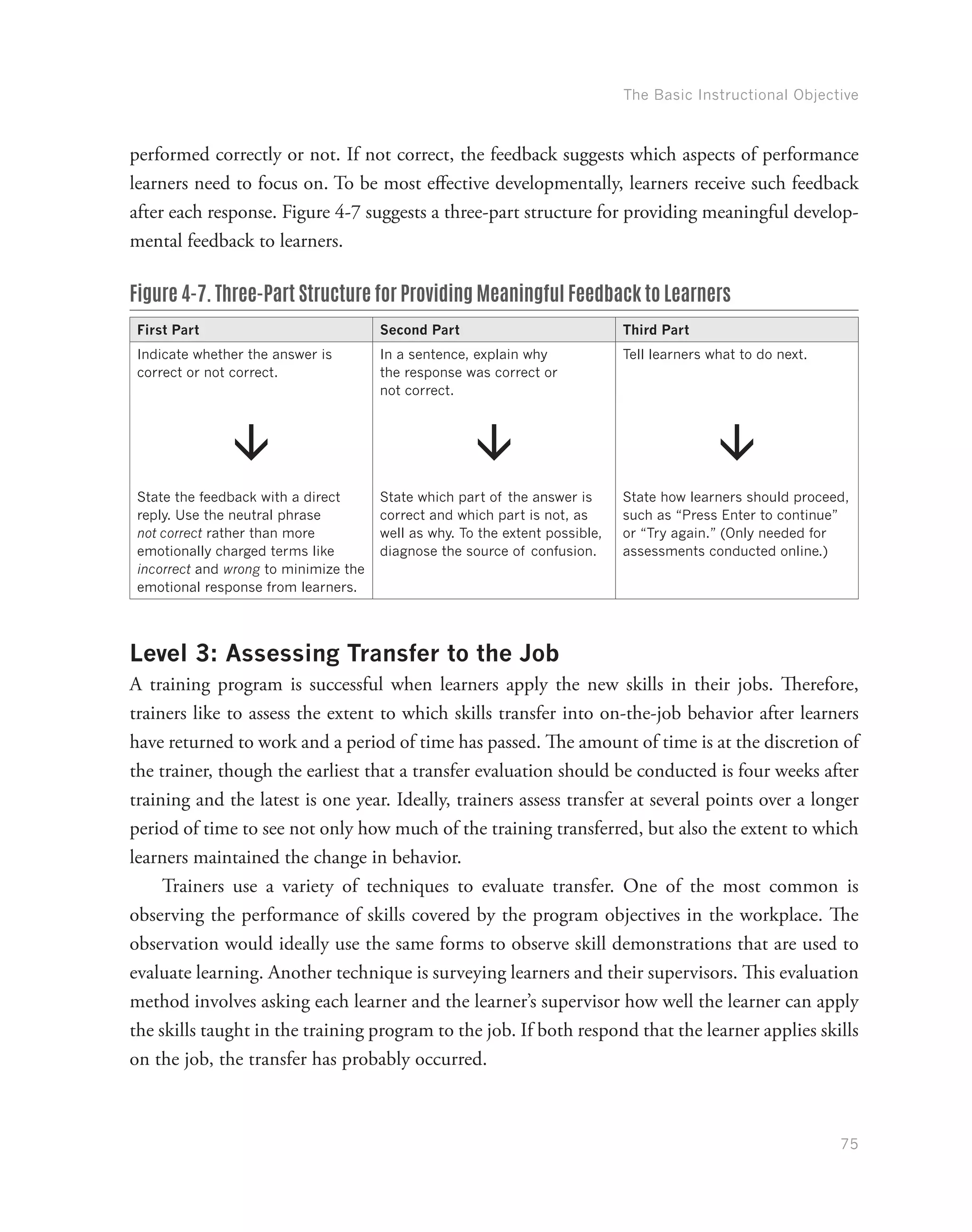 The Basic Instructional Objective
75
performed correctly or not. If not correct, the feedback suggests which aspects of performance
learners need to focus on. To be most effective developmentally, learners receive such feedback
after each response. Figure 4-7 suggests a three-part structure for providing meaningful develop-
mental feedback to learners.
Figure 4-7. Three-Part Structure for Providing Meaningful Feedback to Learners
First Part Second Part Third Part
Indicate whether the answer is
correct or not correct.
In a sentence, explain why
the response was correct or
not correct.
Tell learners what to do next.
â â â
State the feedback with a direct
reply. Use the neutral phrase
not correct rather than more
emotionally charged terms like
incorrect and wrong to minimize the
emotional response from learners.
State which part of the answer is
correct and which part is not, as
well as why. To the extent possible,
diagnose the source of confusion.
State how learners should proceed,
such as “Press Enter to continue”
or “Try again.” (Only needed for
assessments conducted online.)
Level 3: Assessing Transfer to the Job
A training program is successful when learners apply the new skills in their jobs. Therefore,
trainers like to assess the extent to which skills transfer into on-the-job behavior after learners
have returned to work and a period of time has passed. The amount of time is at the discretion of
the trainer, though the earliest that a transfer evaluation should be conducted is four weeks after
training and the latest is one year. Ideally, trainers assess transfer at several points over a longer
period of time to see not only how much of the training transferred, but also the extent to which
learners maintained the change in behavior.
Trainers use a variety of techniques to evaluate transfer. One of the most common is
observing the performance of skills covered by the program objectives in the workplace. The
observation would ideally use the same forms to observe skill demonstrations that are used to
evaluate learning. Another technique is surveying learners and their supervisors. This evaluation
method involves asking each learner and the learner’s supervisor how well the learner can apply
the skills taught in the training program to the job. If both respond that the learner applies skills
on the job, the transfer has probably occurred.
 