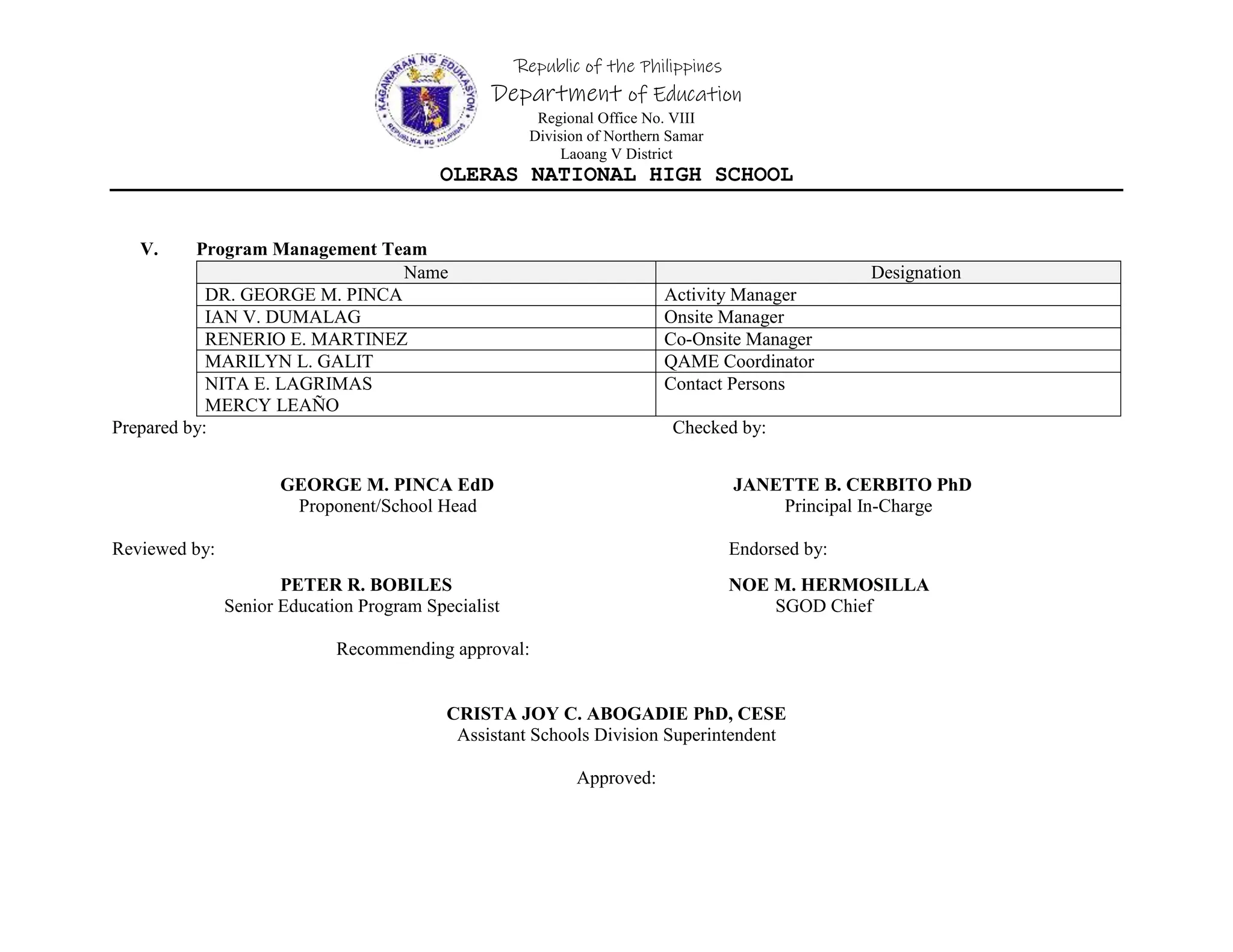 Republic of the Philippines
Department of Education
Regional Office No. VIII
Division of Northern Samar
Laoang V District
OLERAS NATIONAL HIGH SCHOOL
V. Program Management Team
Name Designation
DR. GEORGE M. PINCA Activity Manager
IAN V. DUMALAG Onsite Manager
RENERIO E. MARTINEZ Co-Onsite Manager
MARILYN L. GALIT QAME Coordinator
NITA E. LAGRIMAS
MERCY LEAÑO
Contact Persons
Prepared by: Checked by:
GEORGE M. PINCA EdD JANETTE B. CERBITO PhD
Proponent/School Head Principal In-Charge
Reviewed by: Endorsed by:
PETER R. BOBILES NOE M. HERMOSILLA
Senior Education Program Specialist SGOD Chief
Recommending approval:
CRISTA JOY C. ABOGADIE PhD, CESE
Assistant Schools Division Superintendent
Approved:
 