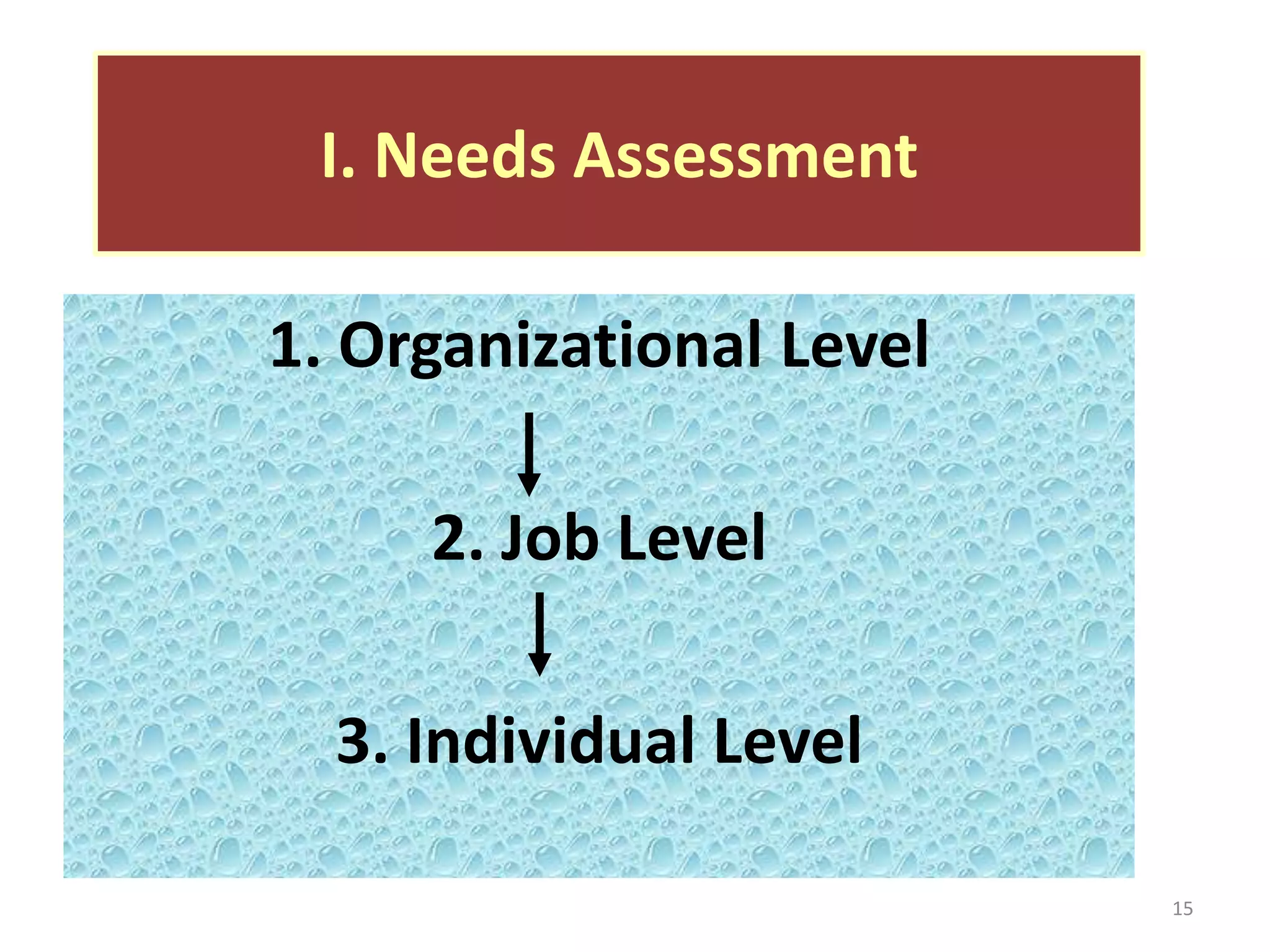 I. Needs Assessment

1. Organizational Level

     2. Job Level

  3. Individual Level

                          15
 