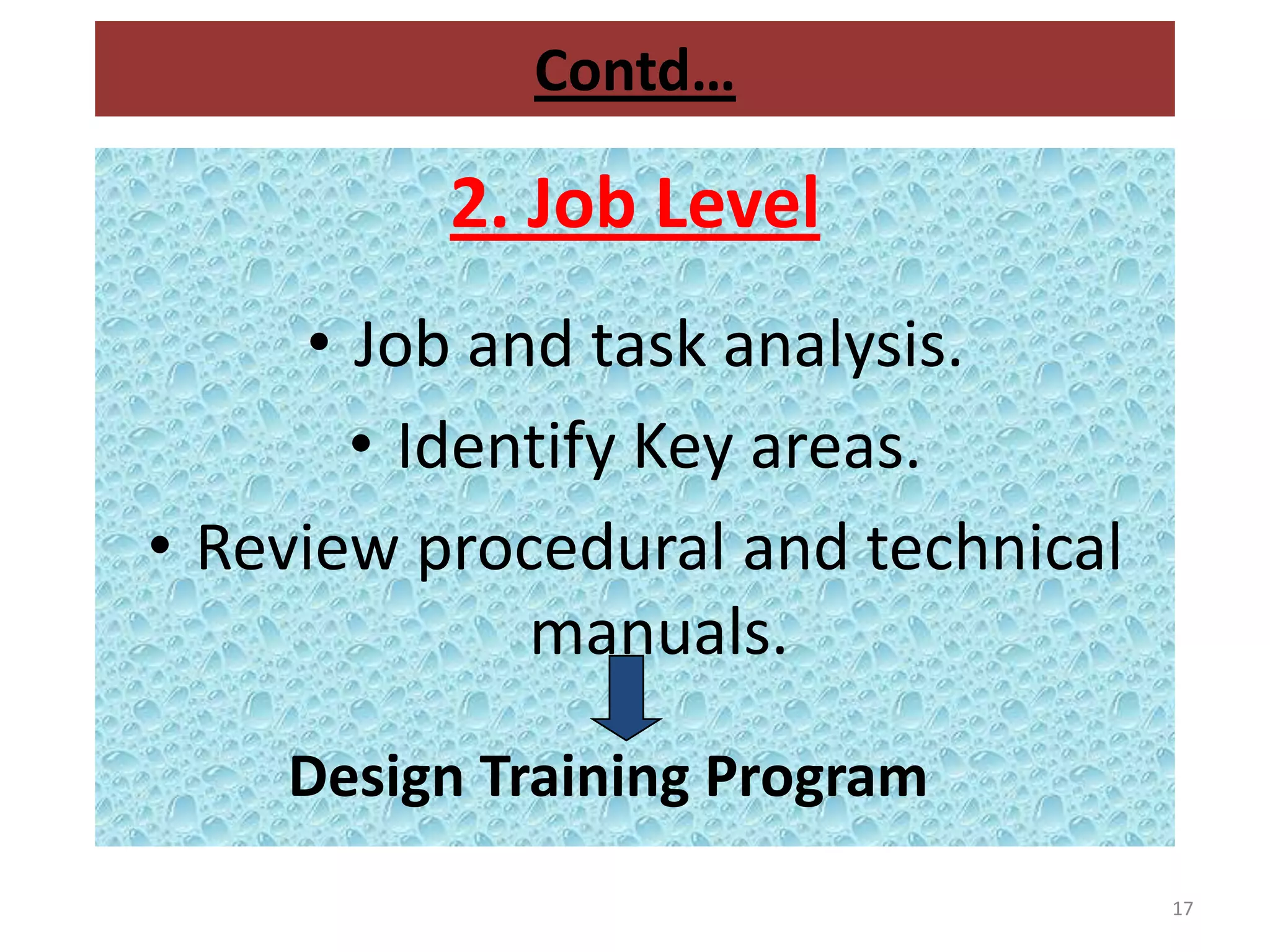 Contd…

          2. Job Level
     • Job and task analysis.
       • Identify Key areas.
• Review procedural and technical
             manuals.

    Design Training Program
                                    17
 