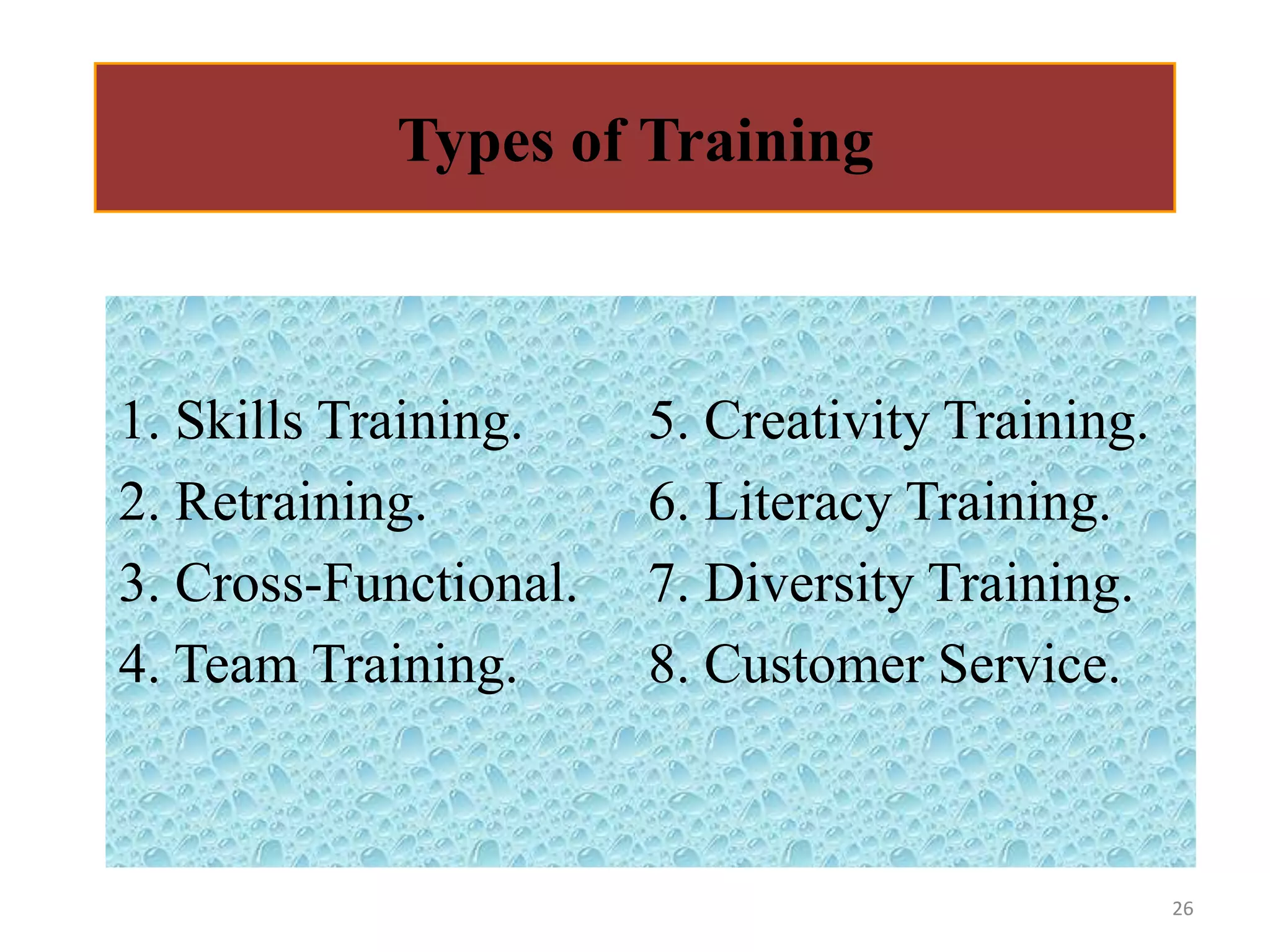 Types ofof Training
            3. Types
                     Training



1. Skills Training.    5. Creativity Training.
2. Retraining.         6. Literacy Training.
3. Cross-Functional.   7. Diversity Training.
4. Team Training.      8. Customer Service.



                                                 26
 