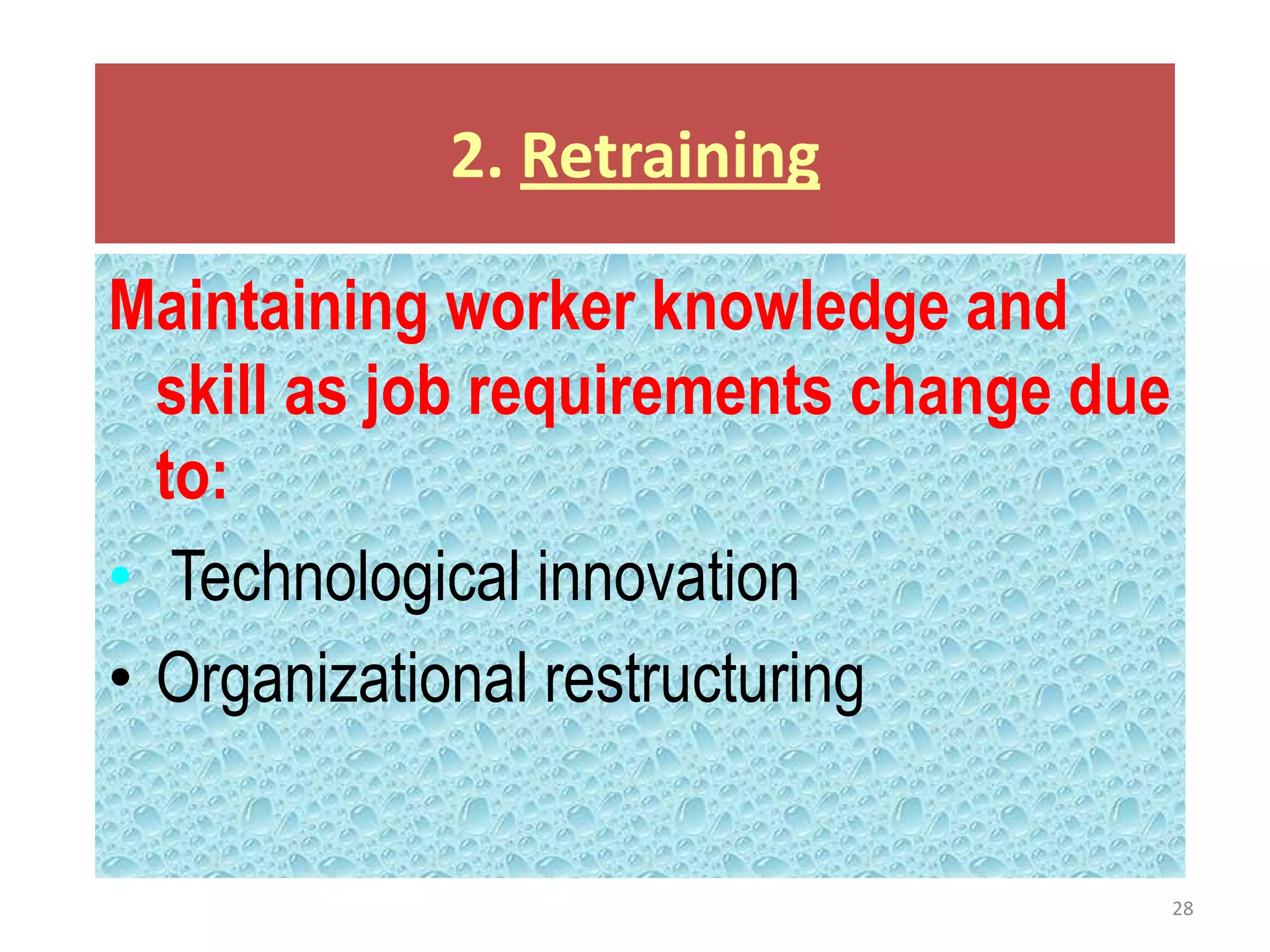 2. Retraining

Maintaining worker knowledge and
  skill as job requirements change due
  to:
• Technological innovation
• Organizational restructuring


                                         28
 