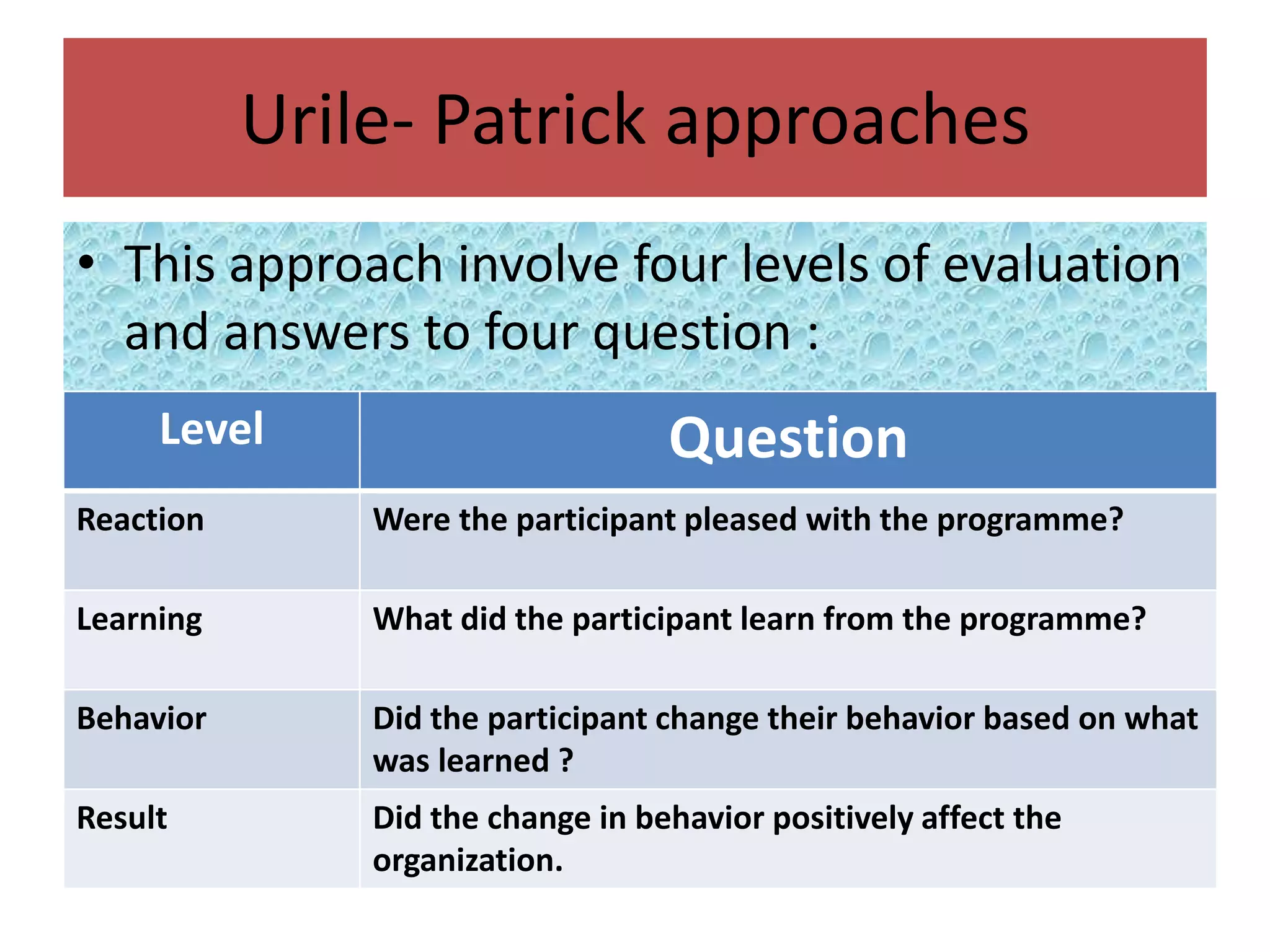 Urile- Patrick approaches
• This approach involve four levels of evaluation
  and answers to four question :
     Level                         Question
Reaction       Were the participant pleased with the programme?

Learning       What did the participant learn from the programme?

Behavior       Did the participant change their behavior based on what
               was learned ?
Result         Did the change in behavior positively affect the
               organization.
 
