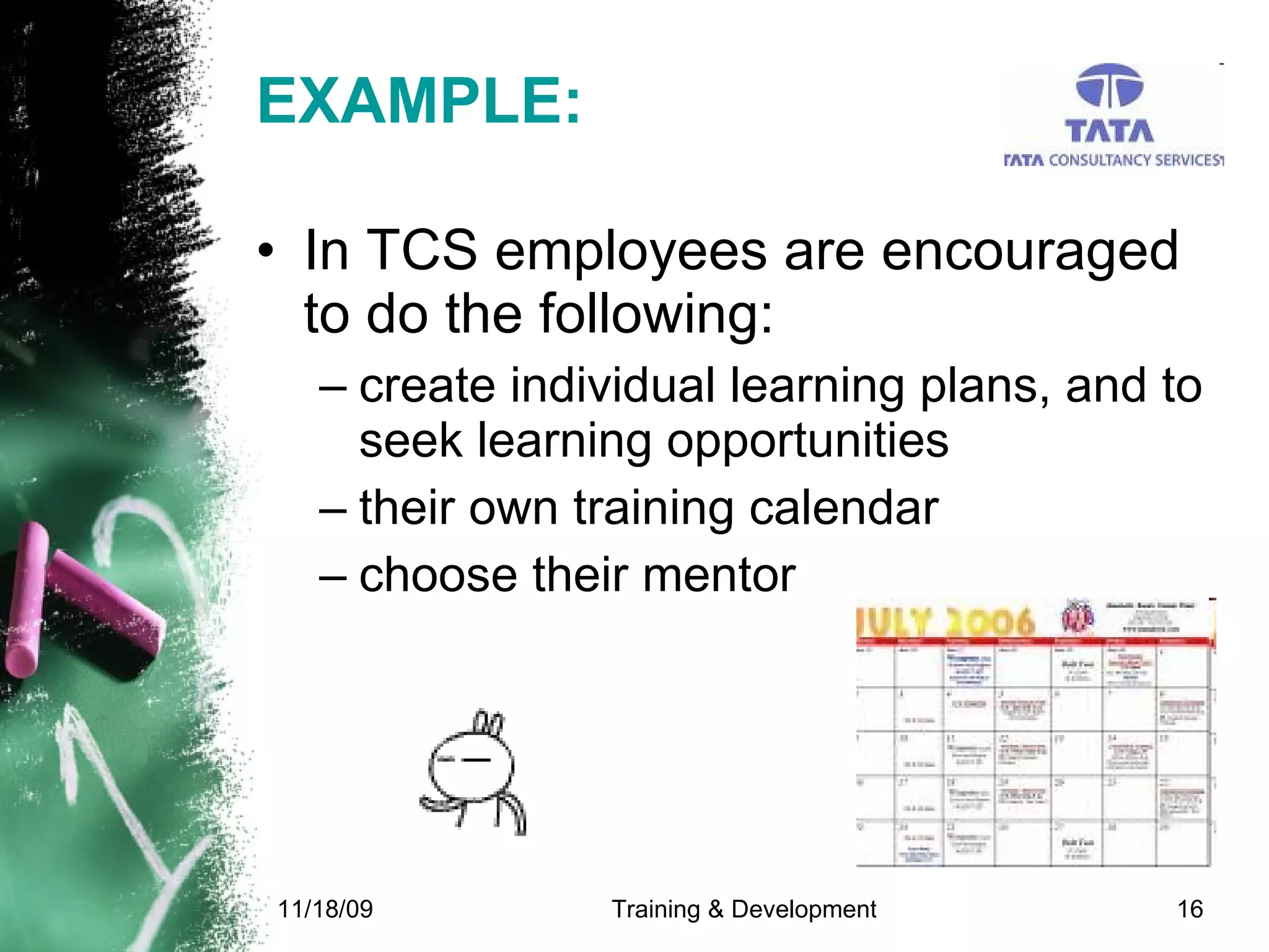 EXAMPLE: In TCS employees are encouraged to do the following:  create individual learning plans, and to seek learning opportunities  their own training calendar  choose their mentor  