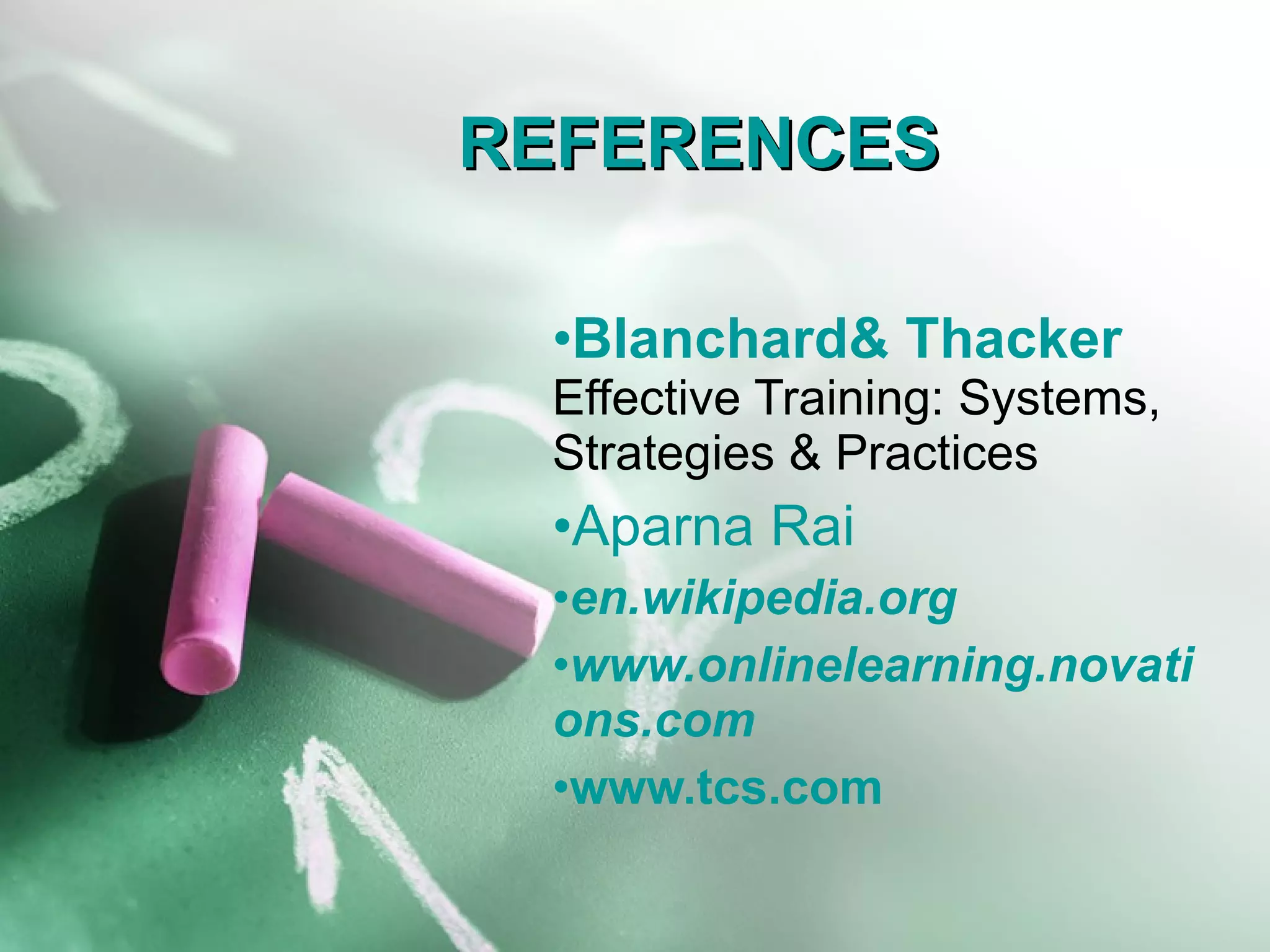 REFERENCES Blanchard& Thacker   Effective Training: Systems, Strategies & Practices Aparna Rai en.wikipedia.org www.onlinelearning.novations.com   www.tcs.com 