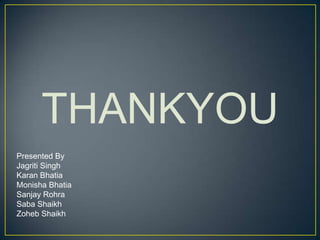 THANKYOU
Presented By
Jagriti Singh
Karan Bhatia
Monisha Bhatia
Sanjay Rohra
Saba Shaikh
Zoheb Shaikh
 