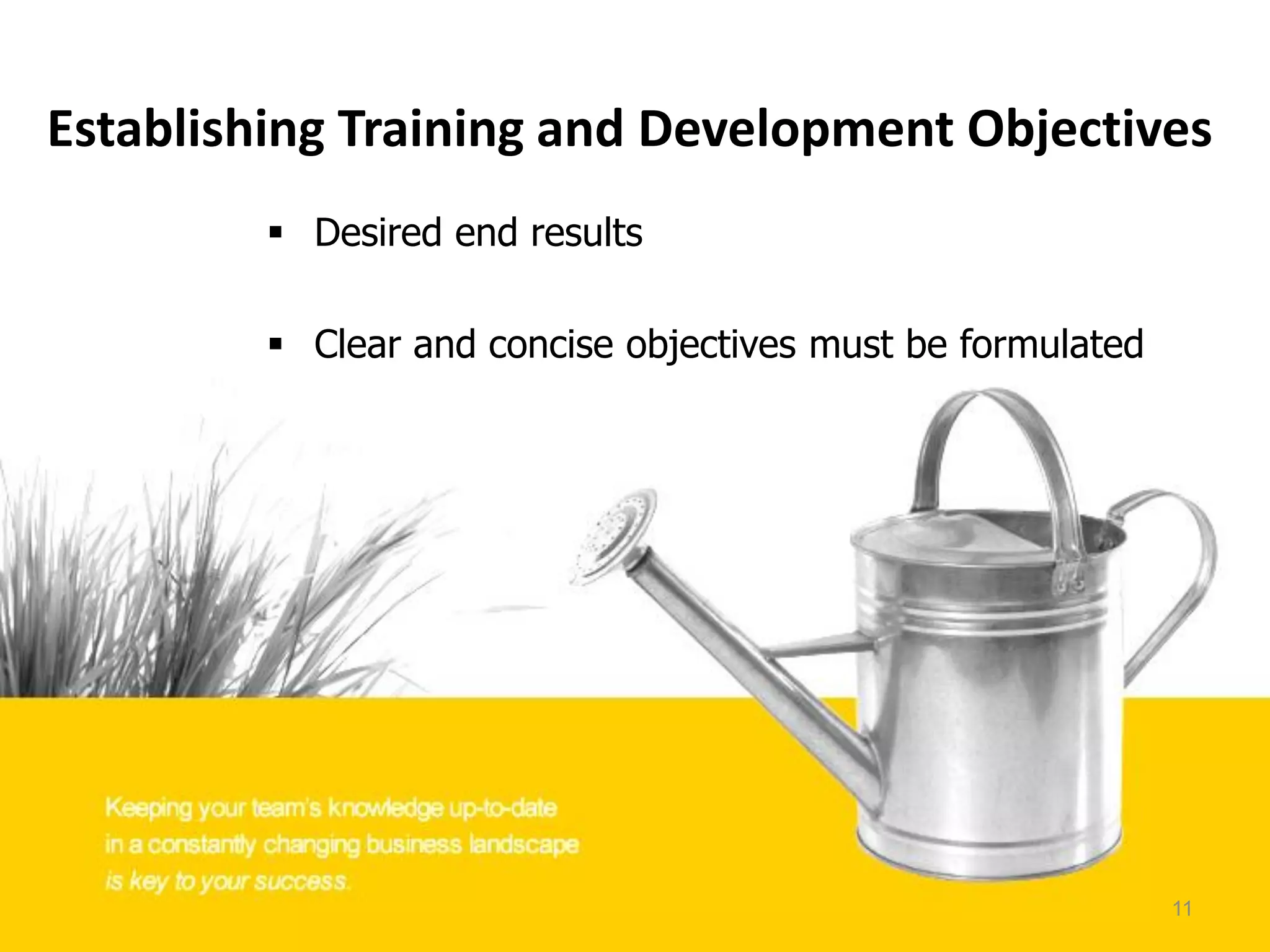 Establishing Training and Development Objectives
 Desired end results
 Clear and concise objectives must be formulated
11
 