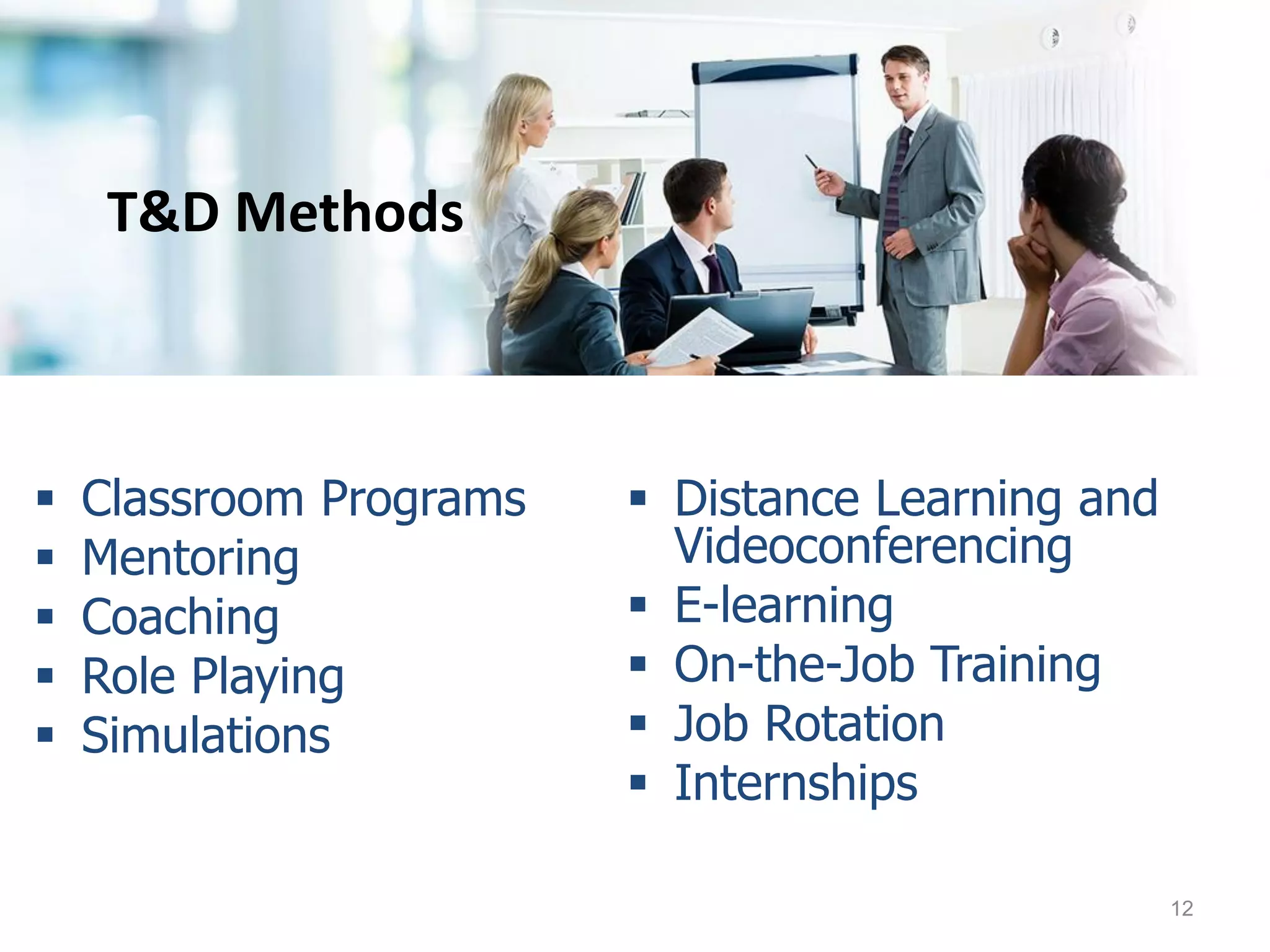 T&D Methods
 Classroom Programs
 Mentoring
 Coaching
 Role Playing
 Simulations
 Distance Learning and
Videoconferencing
 E-learning
 On-the-Job Training
 Job Rotation
 Internships
12
 