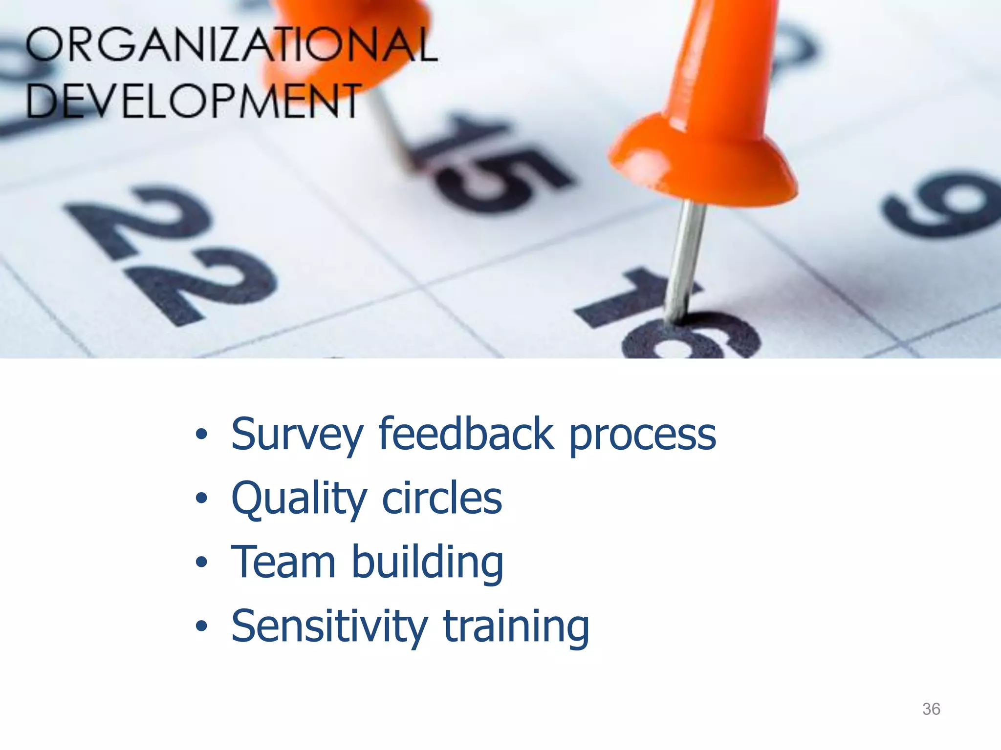 Organization Development
• Survey feedback process
• Quality circles
• Team building
• Sensitivity training
36
 