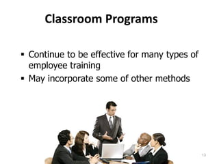 Classroom Programs
 Continue to be effective for many types of
employee training
 May incorporate some of other methods
13
 