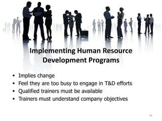 Implementing Human Resource
Development Programs
 Implies change
 Feel they are too busy to engage in T&D efforts
 Qualified trainers must be available
 Trainers must understand company objectives
34
 