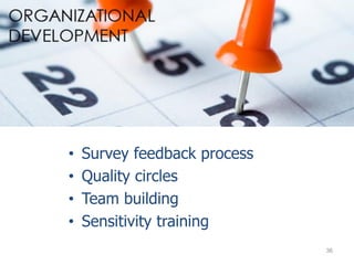 Organization Development
• Survey feedback process
• Quality circles
• Team building
• Sensitivity training
36
 