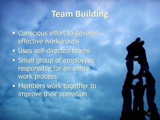 Team Building
 Conscious effort to develop
effective workgroups
 Uses self-directed teams
 Small group of employees
responsible for an entire
work process
 Members work together to
improve their operation
39
 